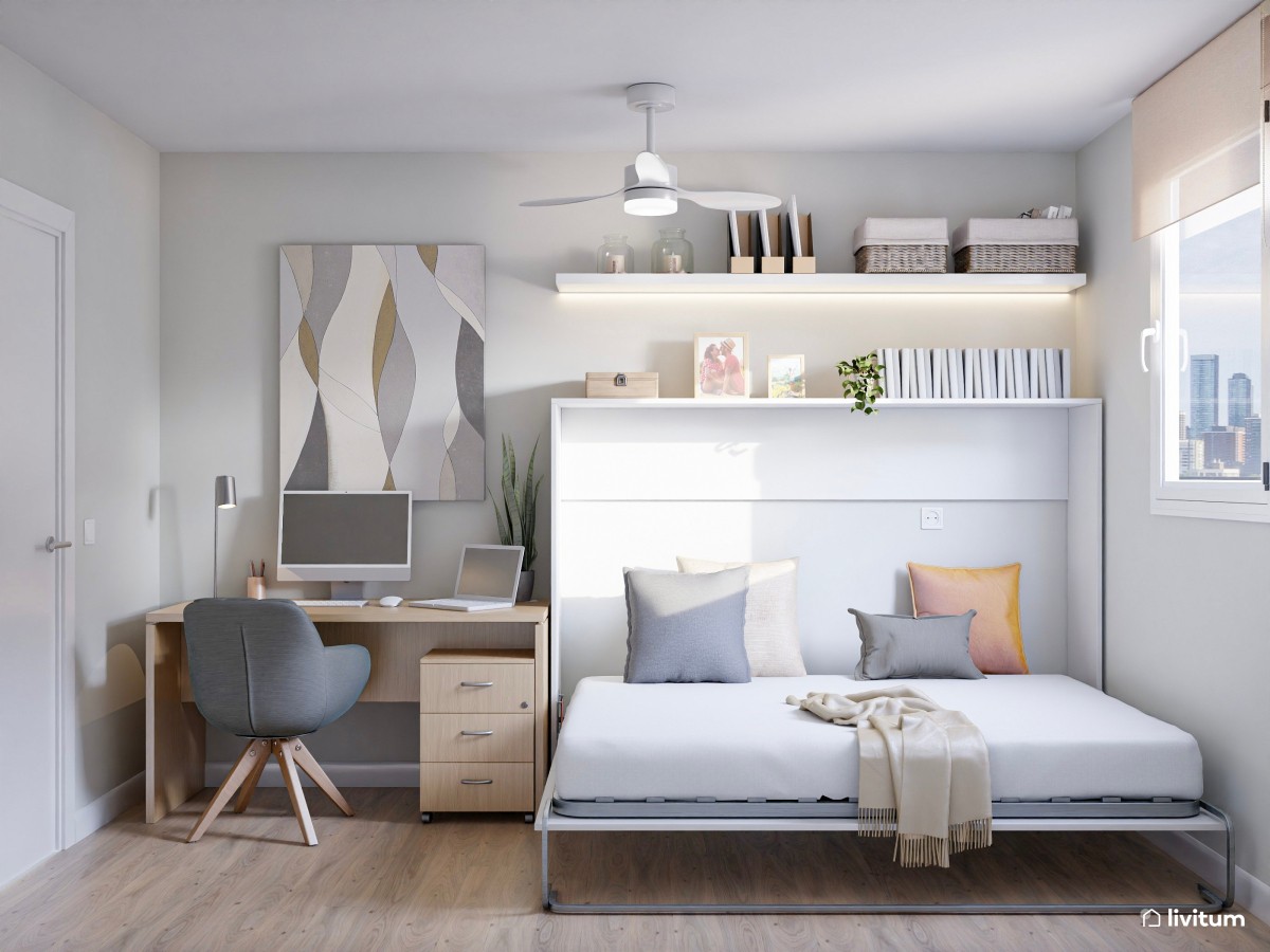 Habitación de invitados con cama plegable y zona de despacho