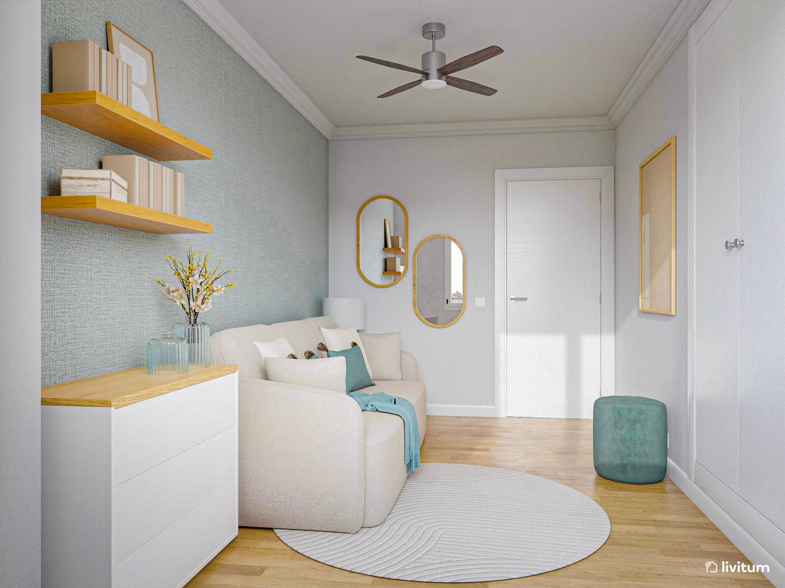 Habitación de invitados con papel pintado verde y sofá cama 