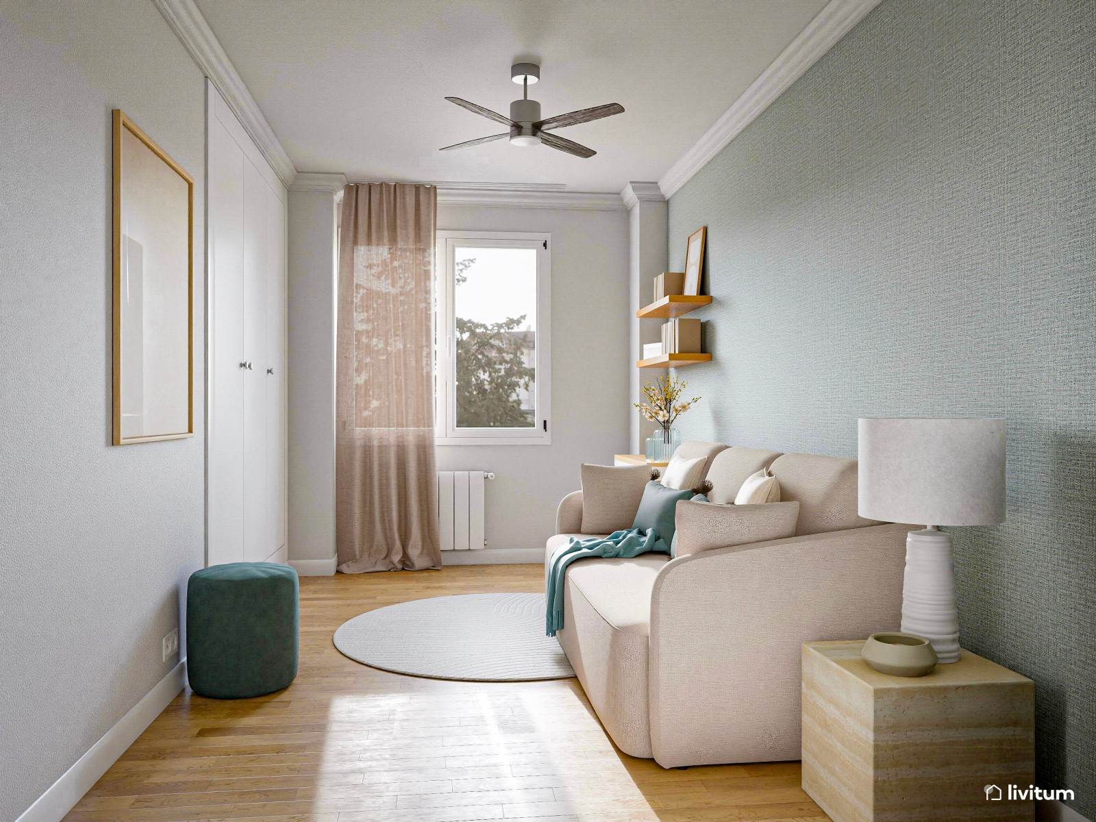 Habitación de invitados con papel pintado verde y sofá cama 