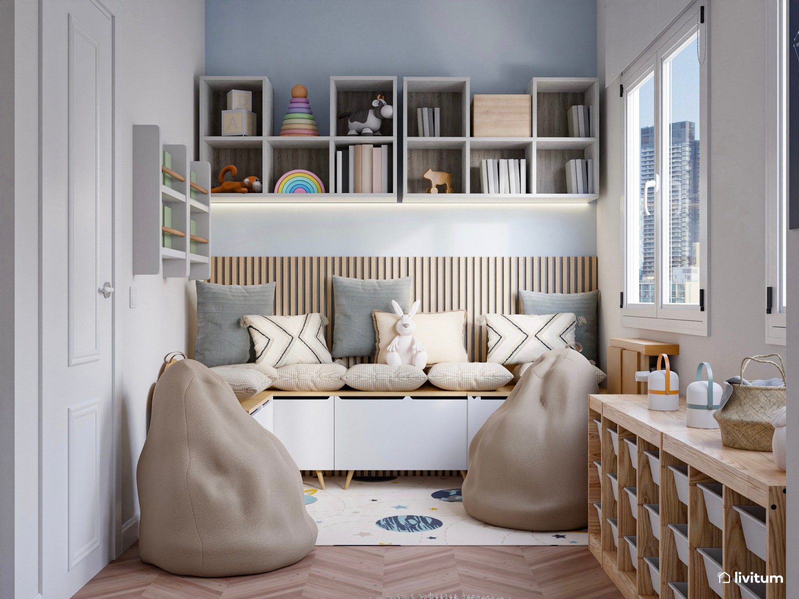 Habitación de juegos para niños en tonos celestes 