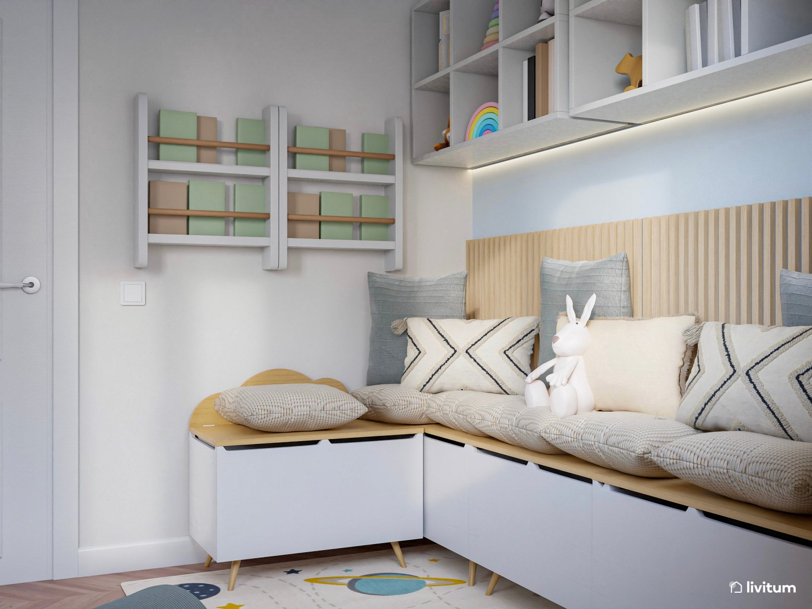 Habitación de juegos para niños en tonos celestes 