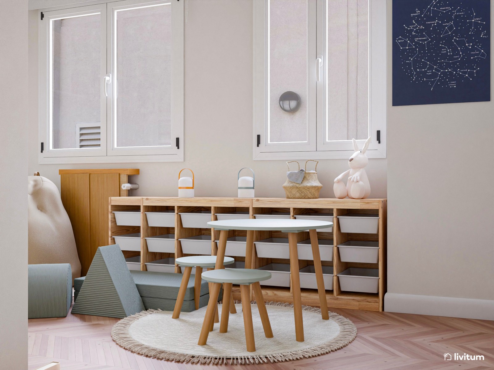 Habitación de juegos para niños en tonos celestes 