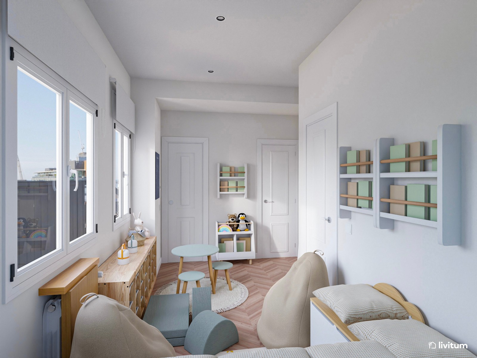 Habitación de juegos para niños en tonos celestes 