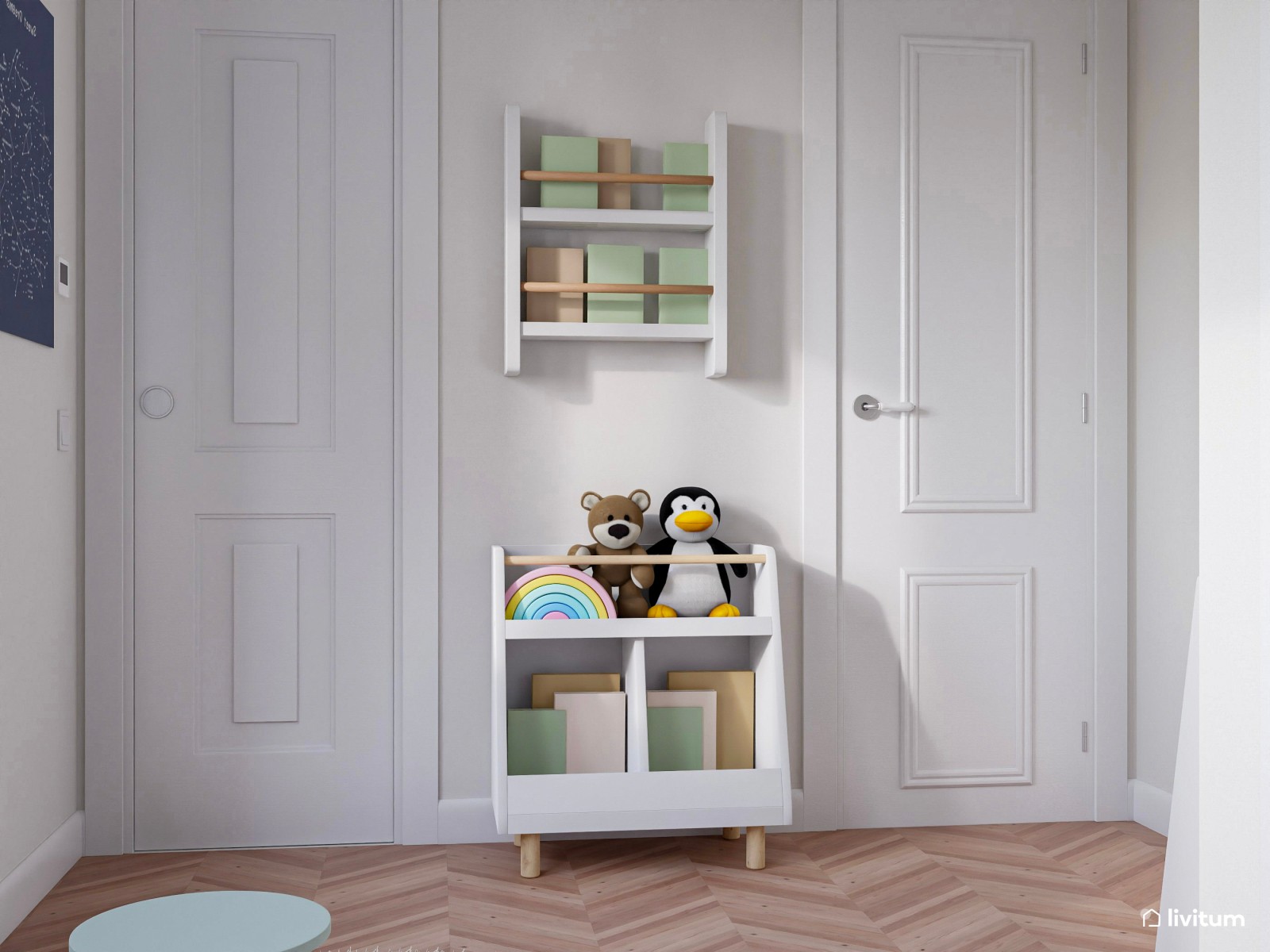 Habitación de juegos para niños en tonos celestes 