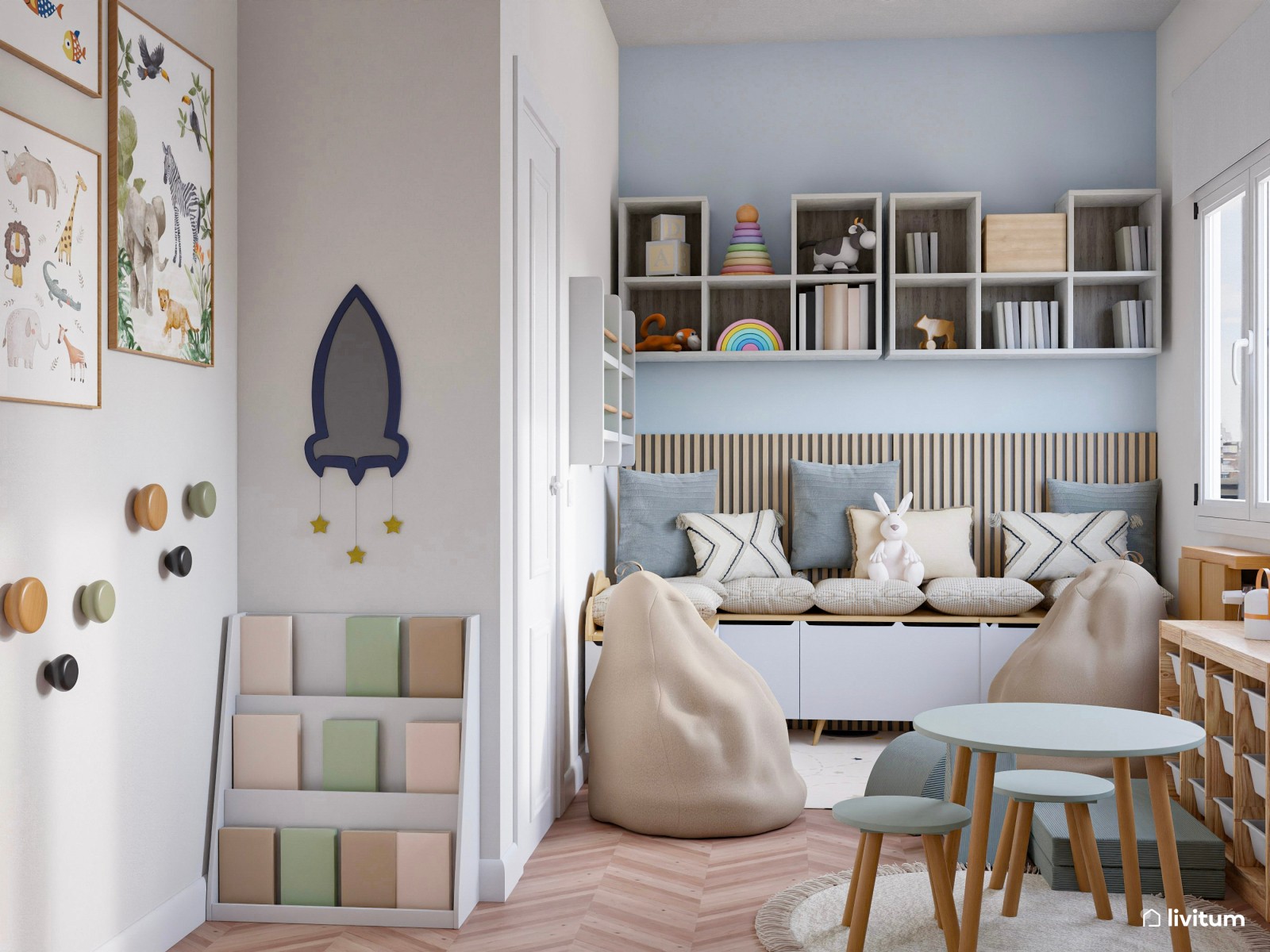 Habitación de juegos para niños en tonos celestes 