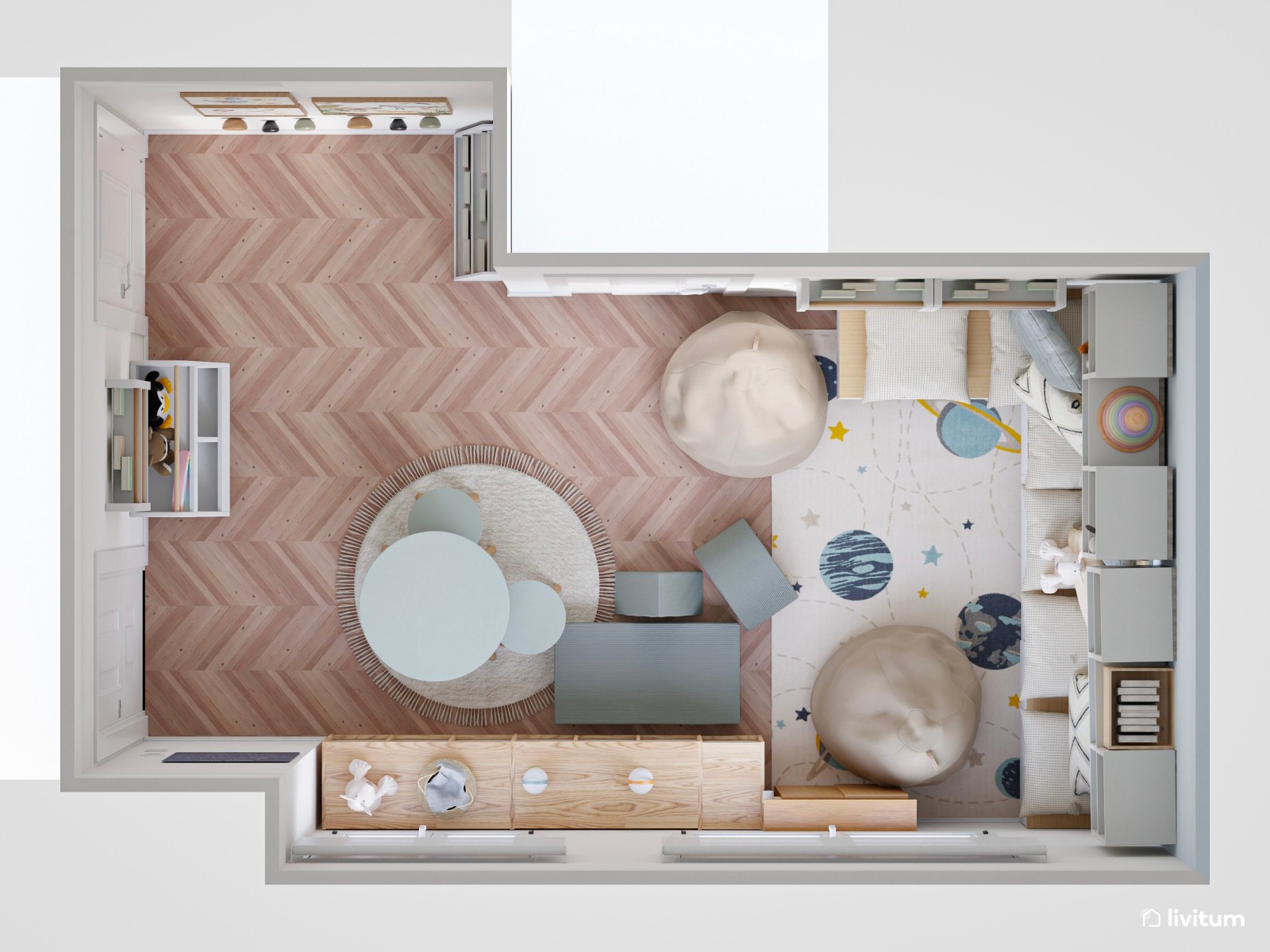 Habitación de juegos para niños en tonos celestes 