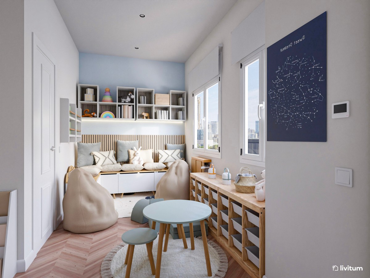 Habitación de juegos para niños en tonos celestes