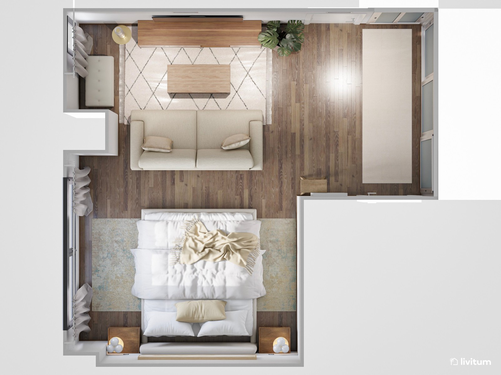 Habitación de matrimonio con sala de estar y TV 