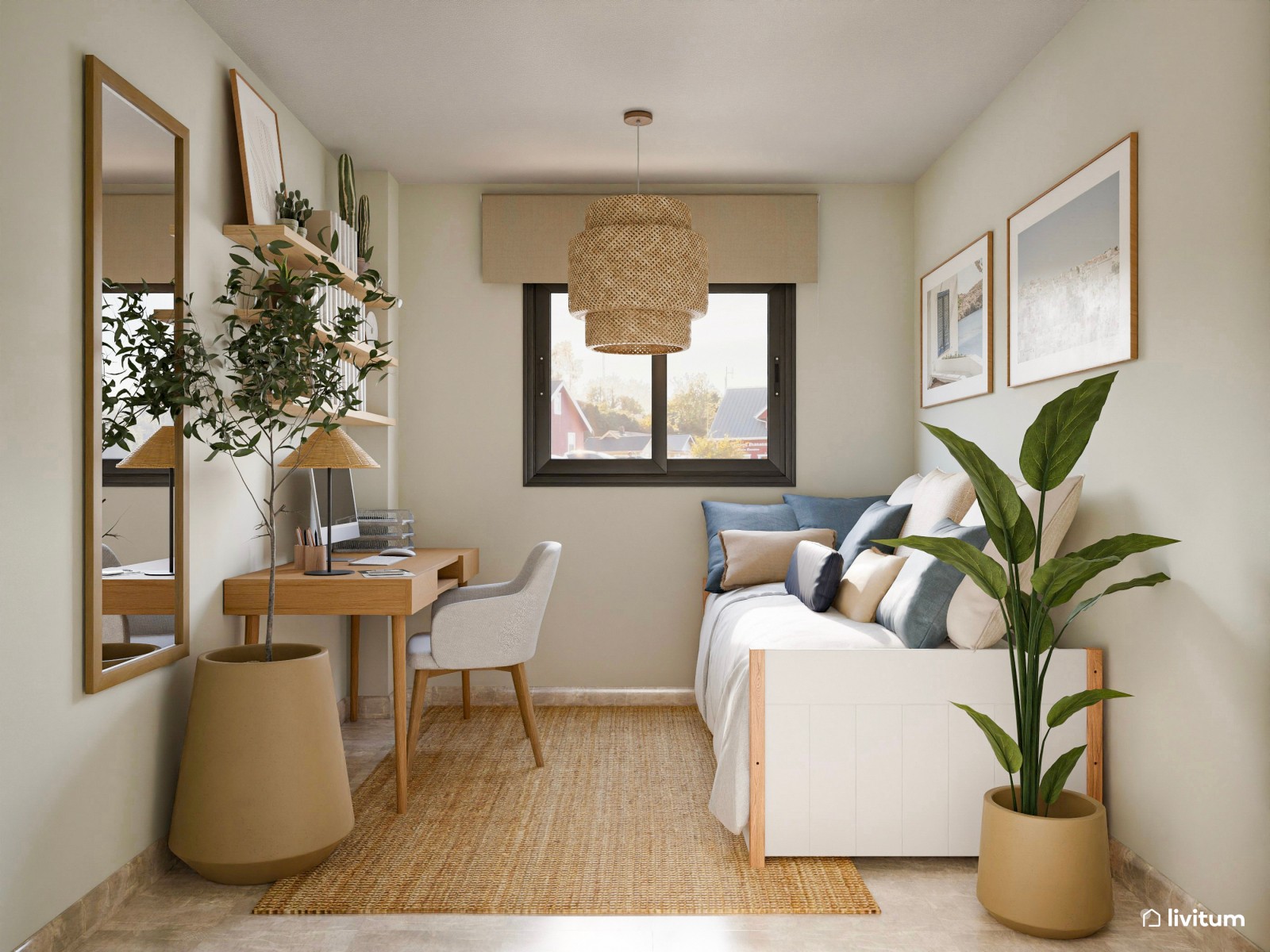 Habitación individual con cama nido y zona de trabajo en un acogedor ambiente
