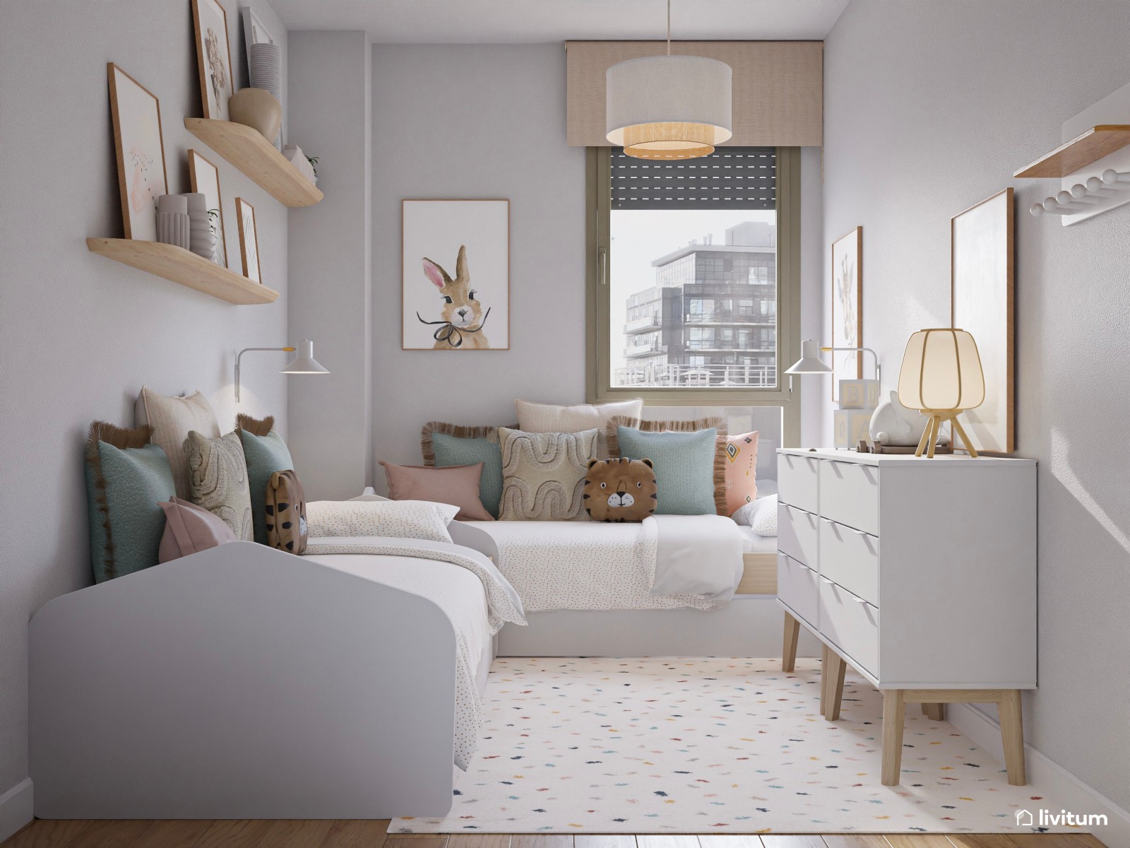 Habitación infantil blanca con dos camas nido 