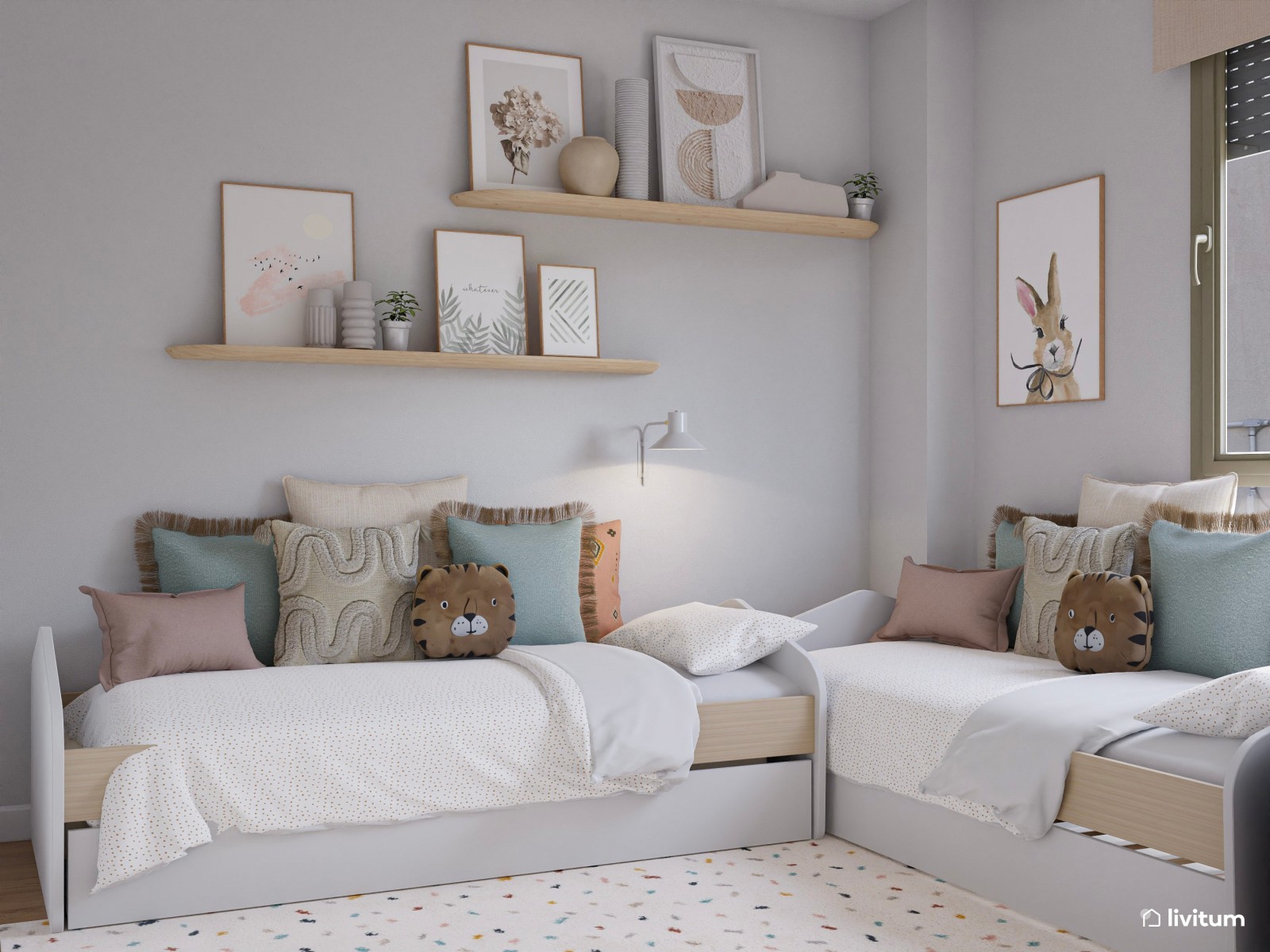 Habitación infantil blanca con dos camas nido 