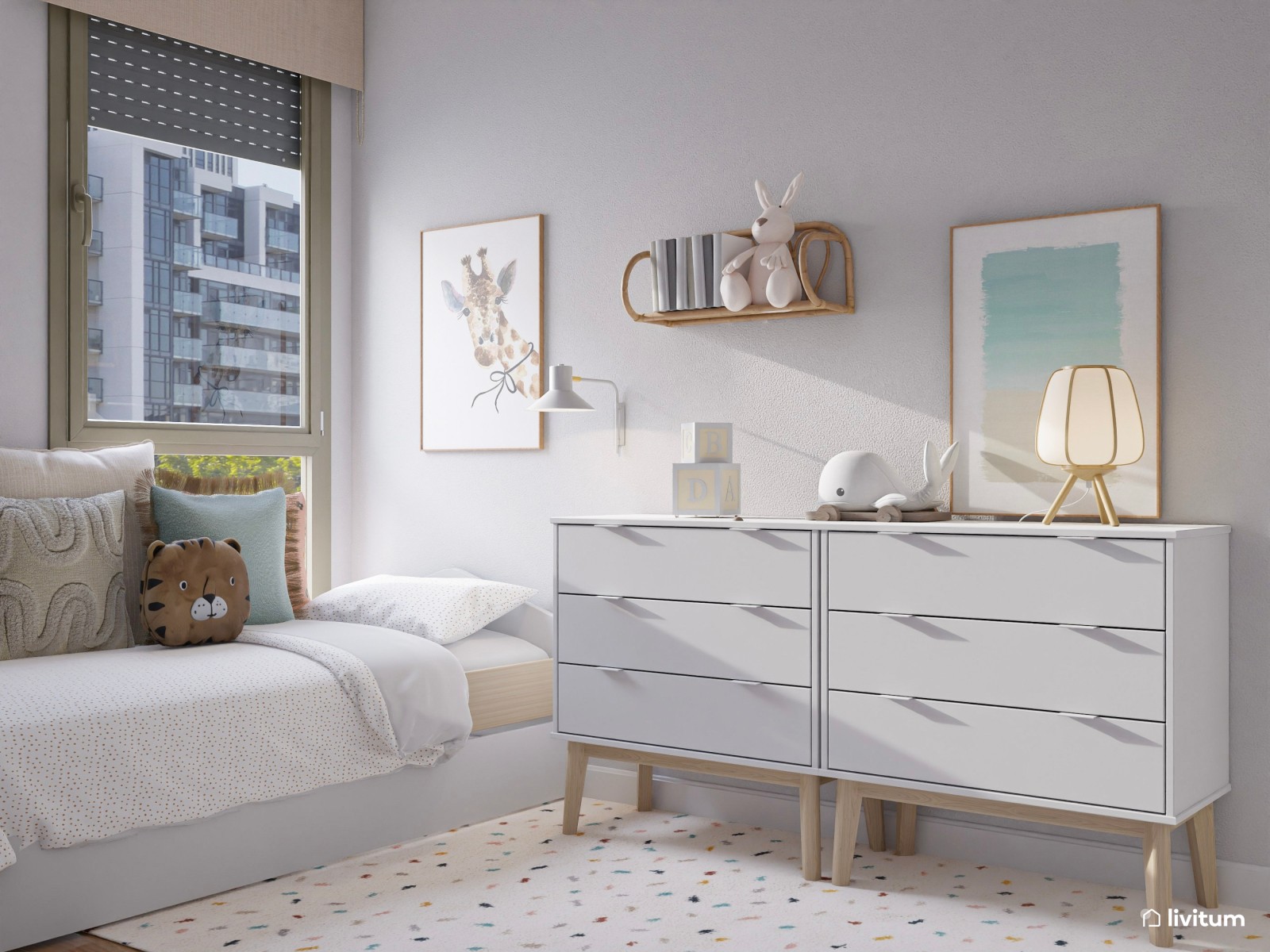 Habitación infantil blanca con dos camas nido 