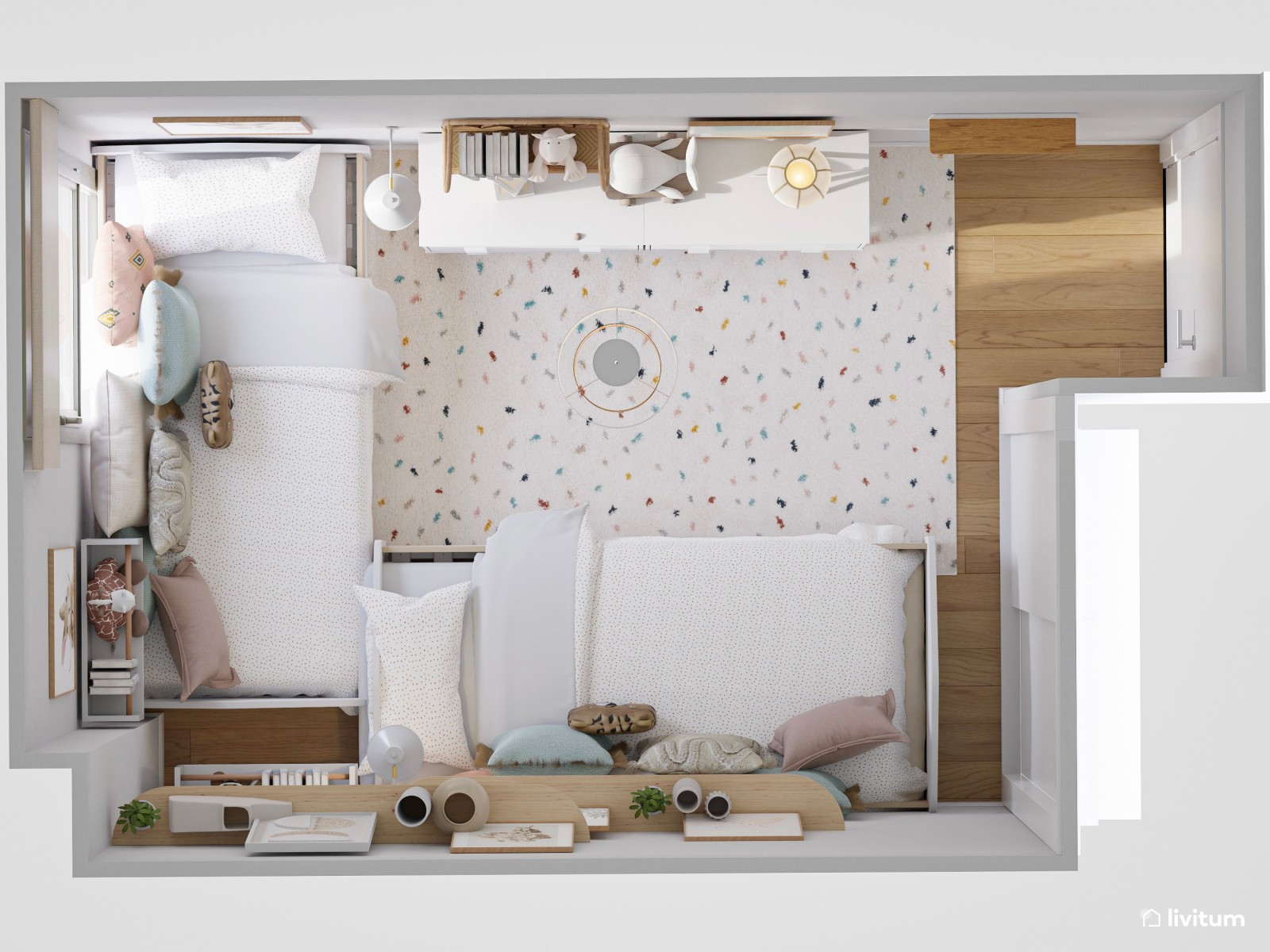 Habitación infantil blanca con dos camas nido 
