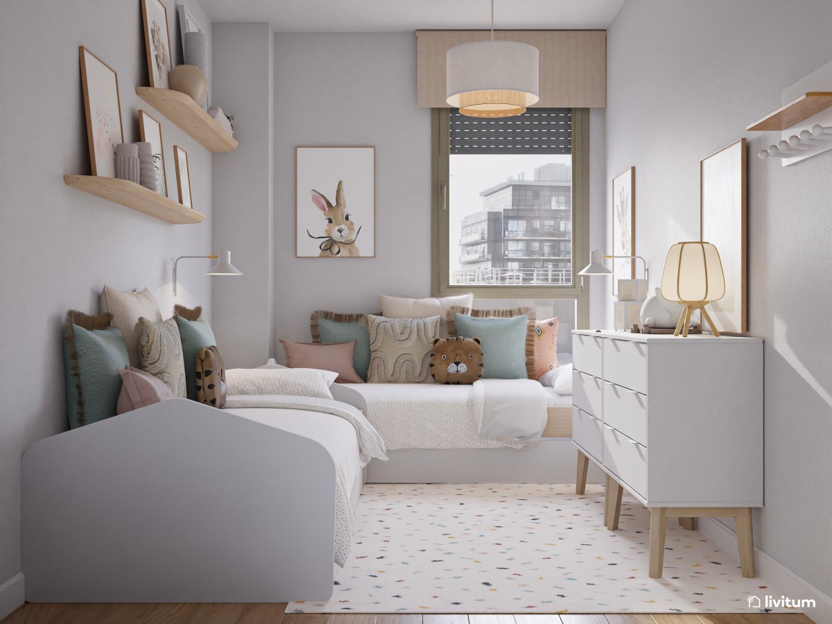 Habitación infantil blanca con dos camas nido