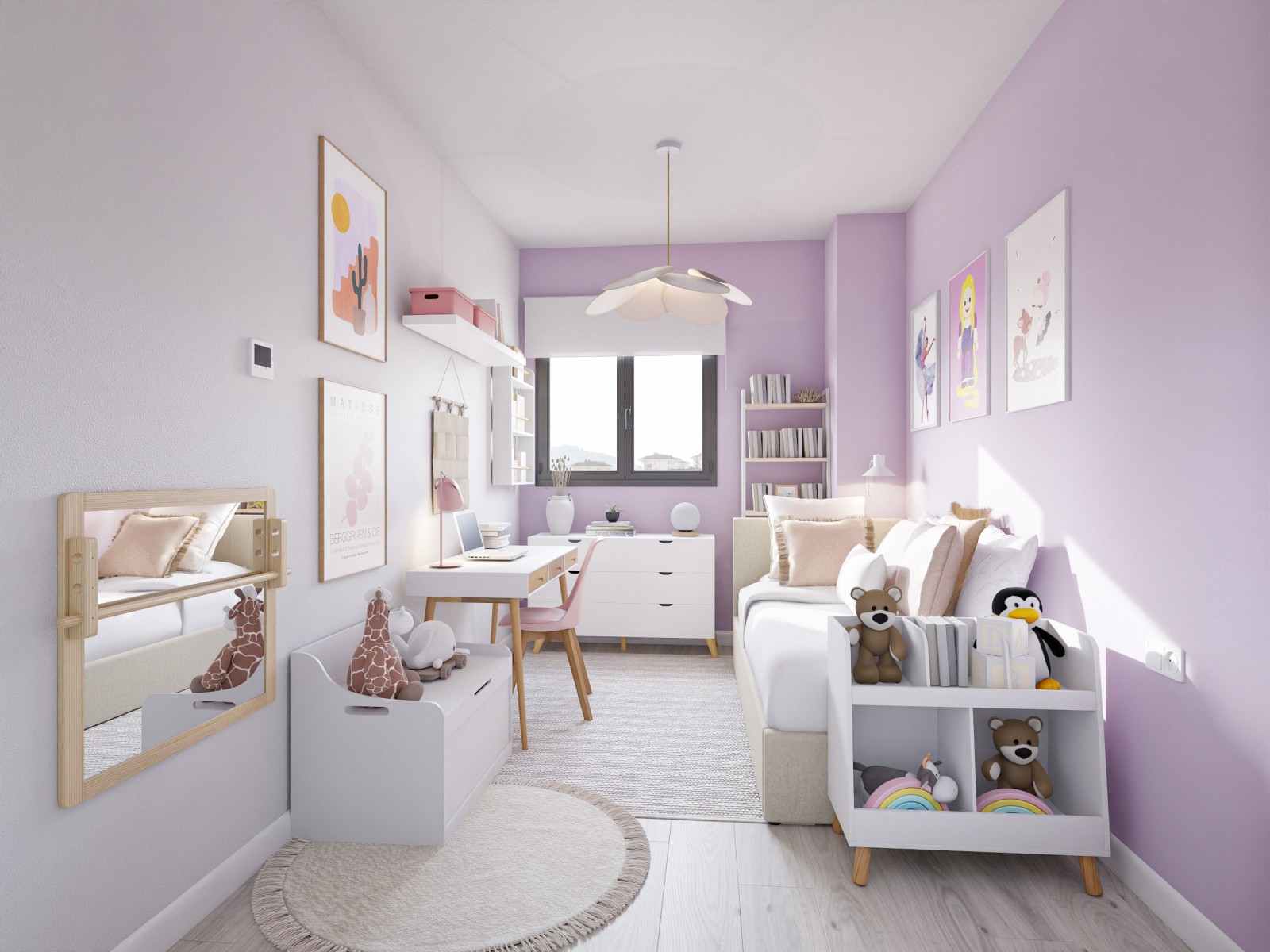 Habitación infantil blanca y malva, con cama nido y zona de escritorio