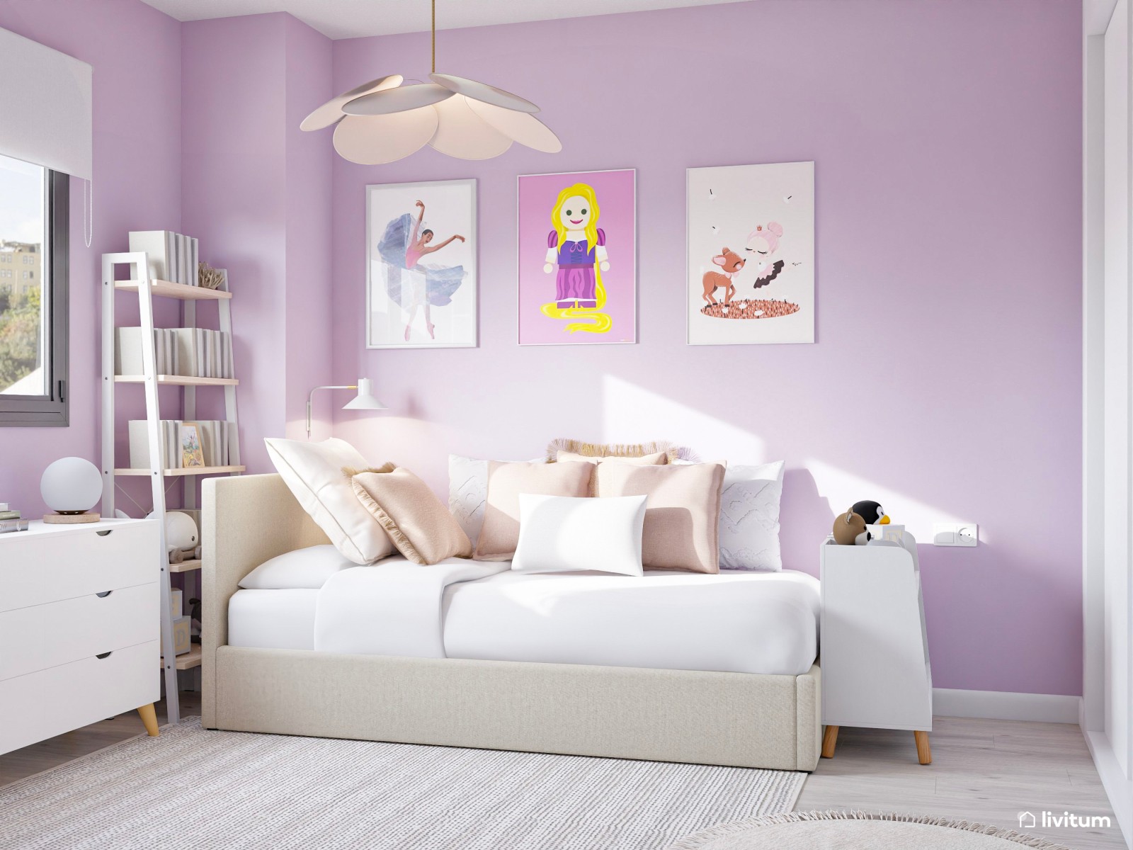 Habitación infantil blanca y malva, con cama nido y zona de escritorio