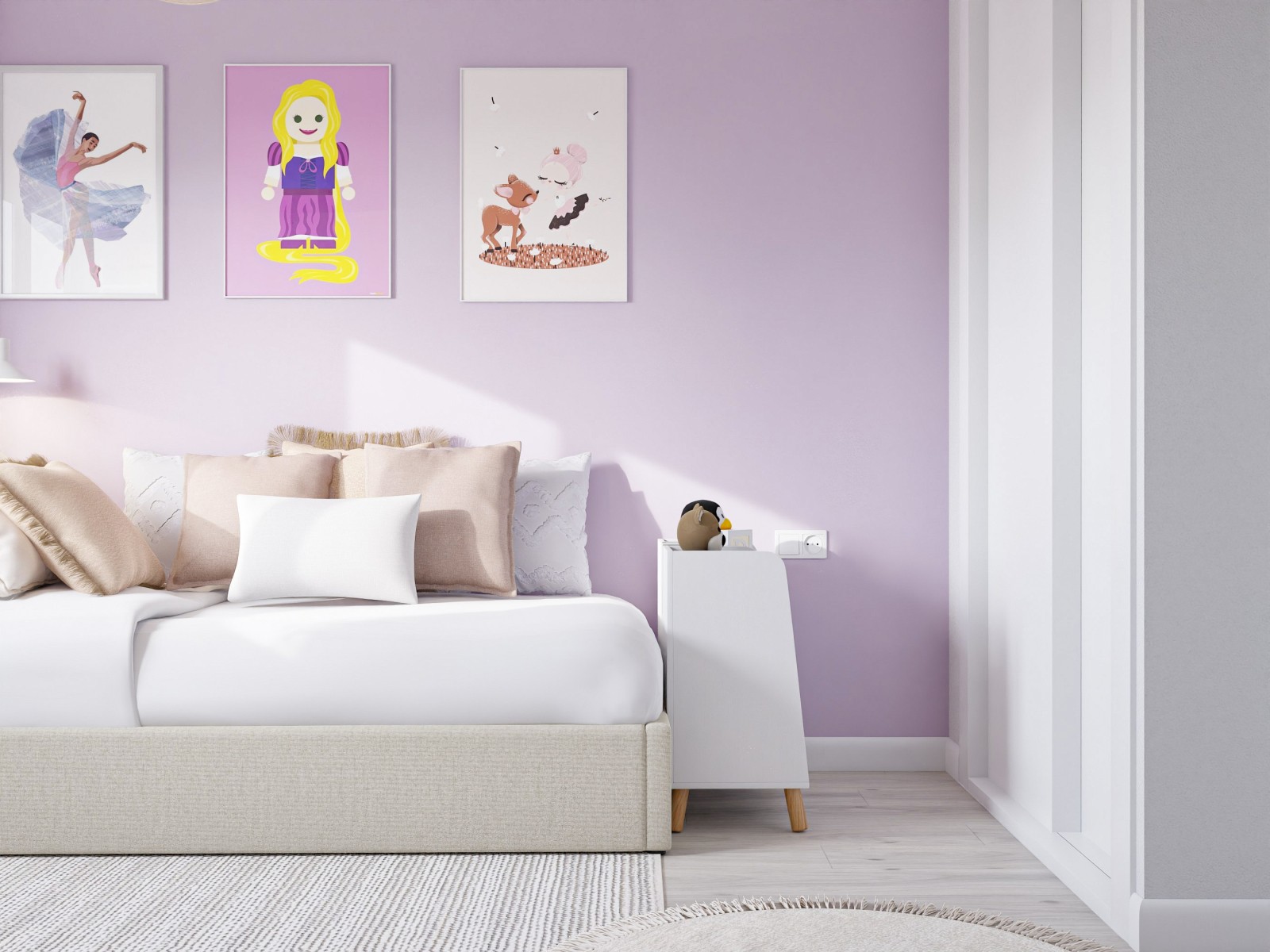 Habitación infantil blanca y malva, con cama nido y zona de escritorio
