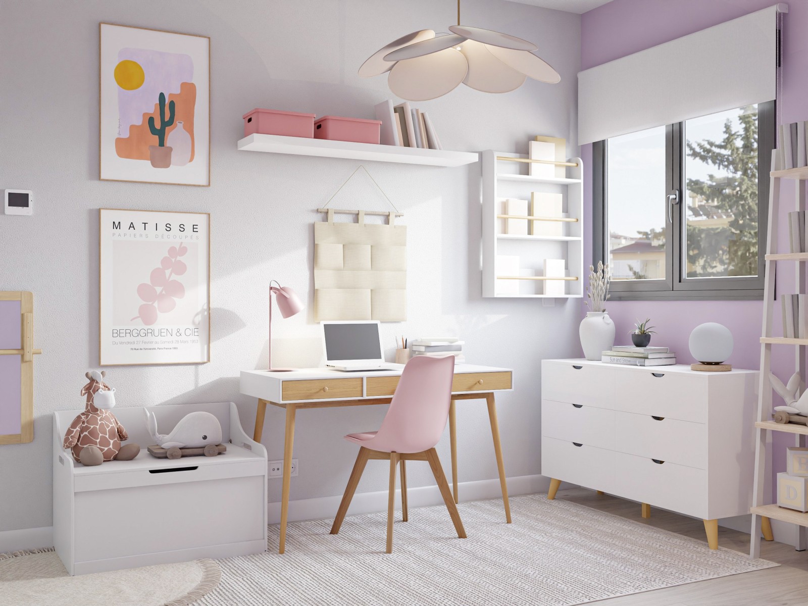 Habitación infantil blanca y malva, con cama nido y zona de escritorio