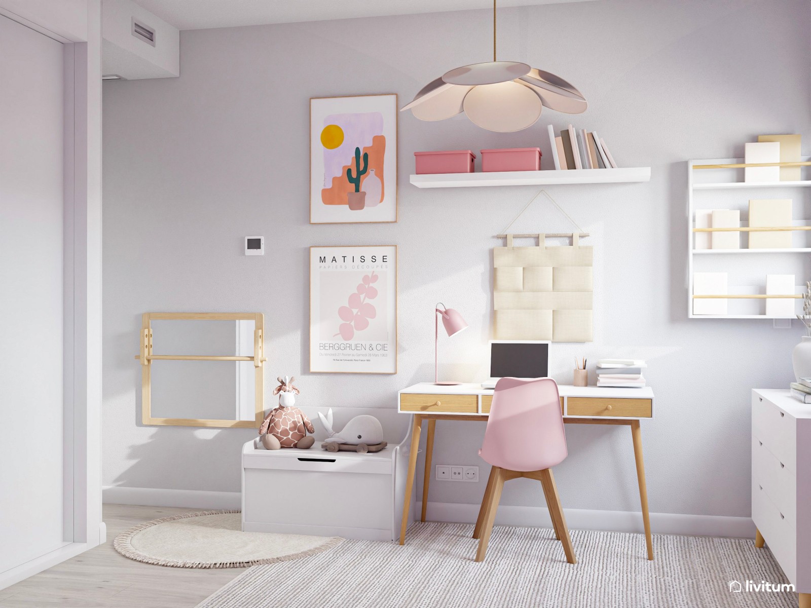 Habitación infantil blanca y malva, con cama nido y zona de escritorio