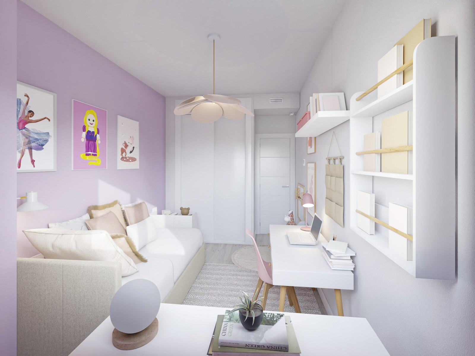 Habitación infantil blanca y malva, con cama nido y zona de escritorio