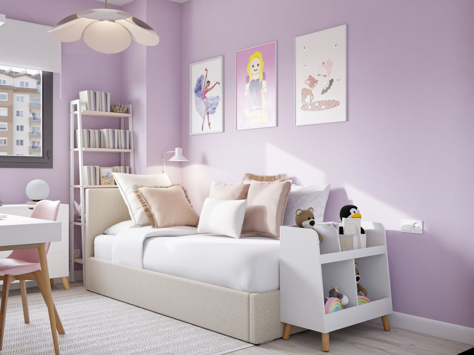 Habitación infantil blanca y malva, con cama nido y zona de escritorio