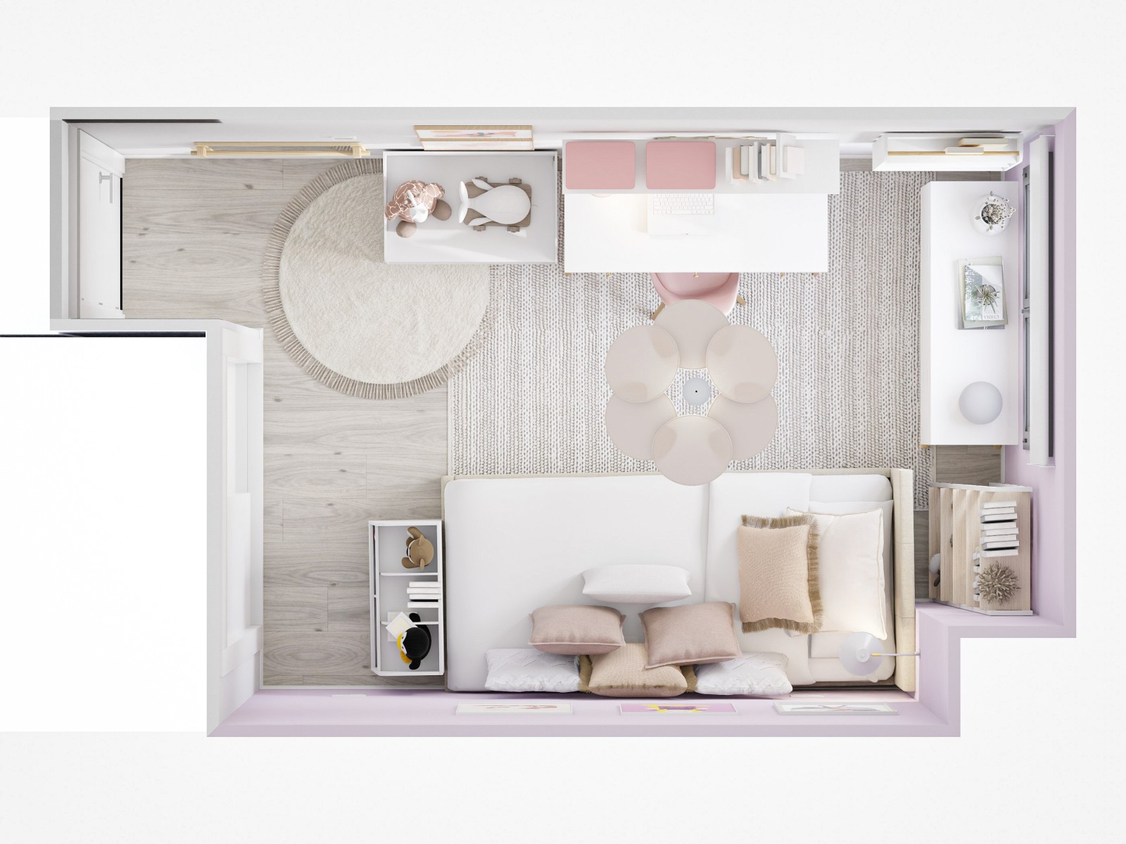 Habitación infantil blanca y malva, con cama nido y zona de escritorio