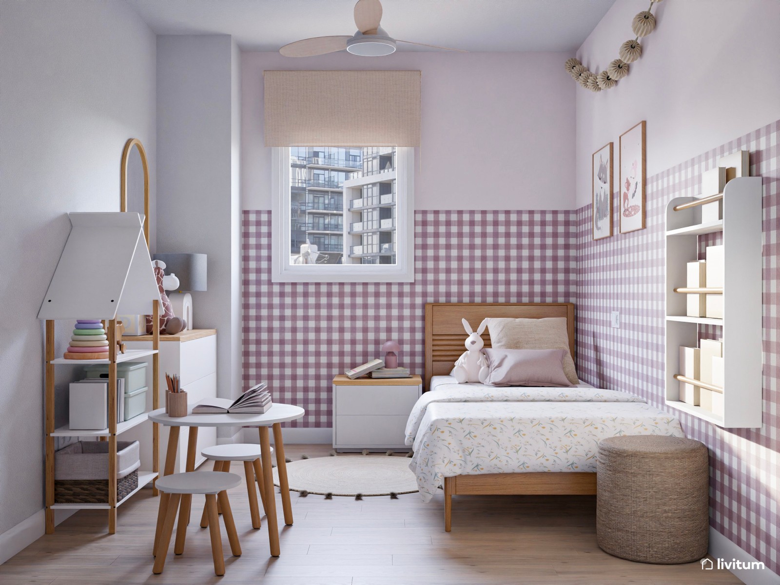 Habitación infantil clásica con papel pintado de cuadros vichy