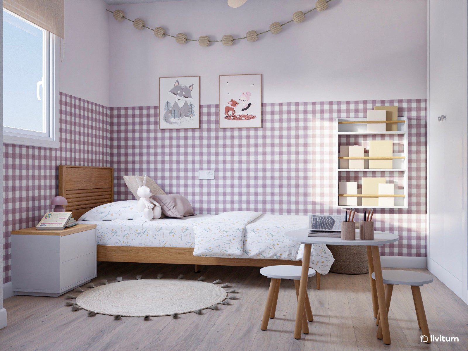 Habitación infantil clásica con papel pintado de cuadros vichy