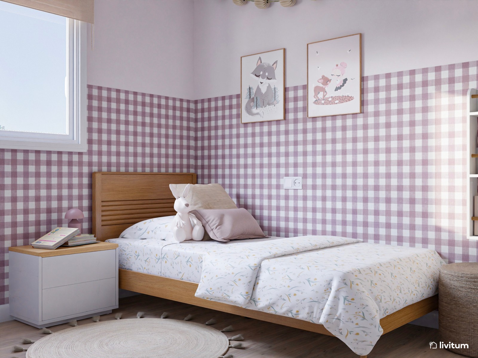 Habitación infantil clásica con papel pintado de cuadros vichy