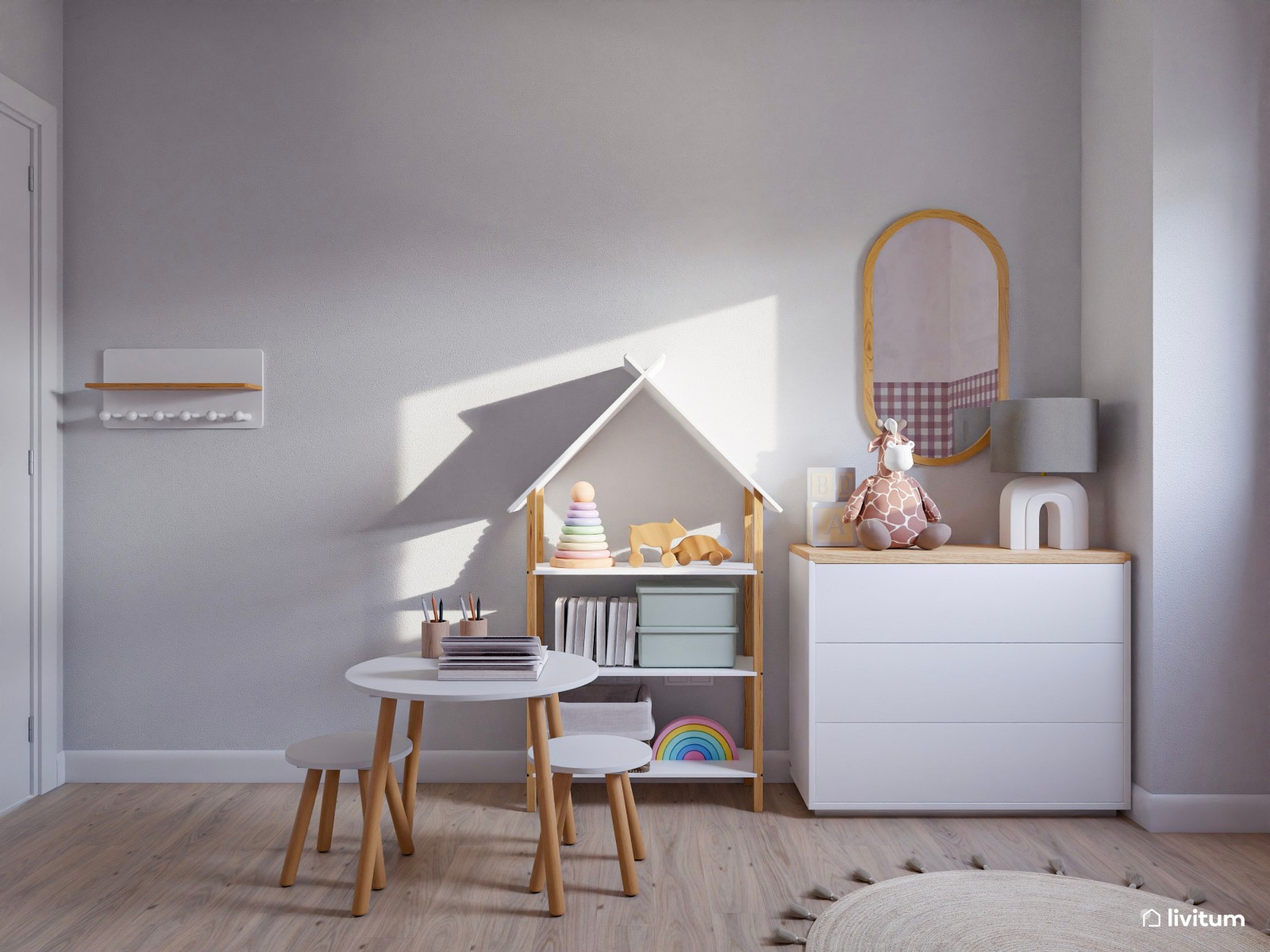 Habitación infantil clásica con papel pintado de cuadros vichy