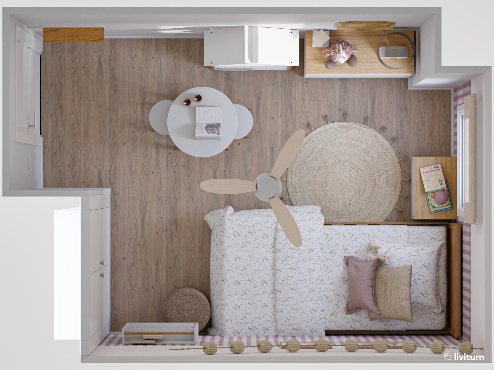 Habitación infantil clásica con papel pintado de cuadros vichy