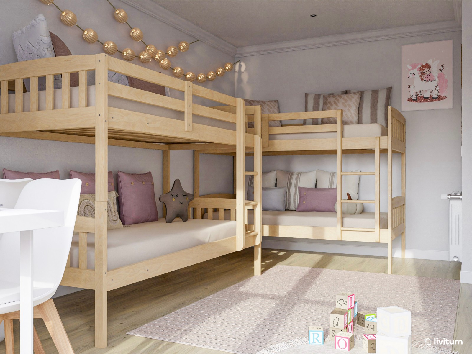 Habitación infantil compartida con literas y luz envolvente