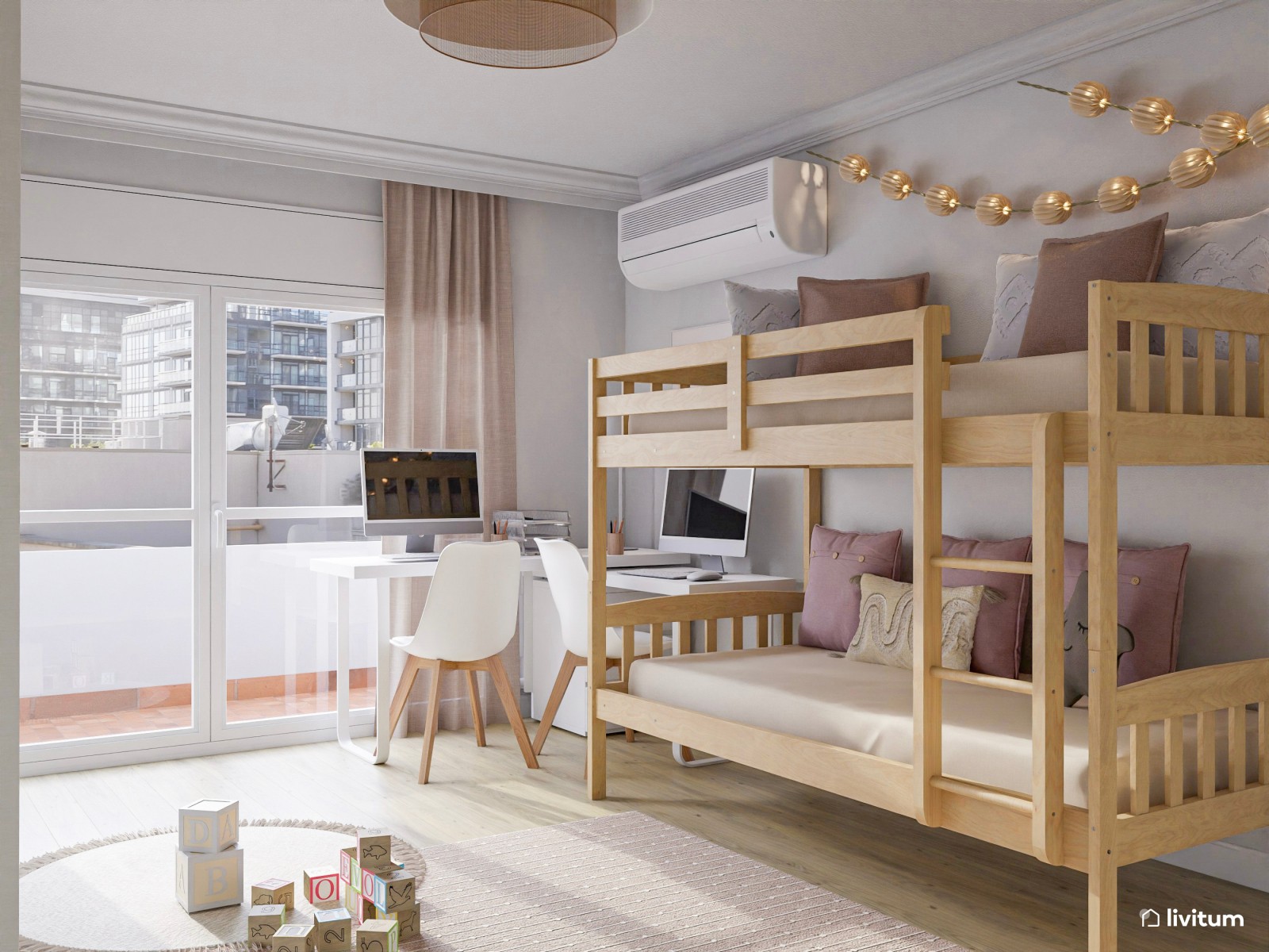 Habitación infantil compartida con literas y luz envolvente