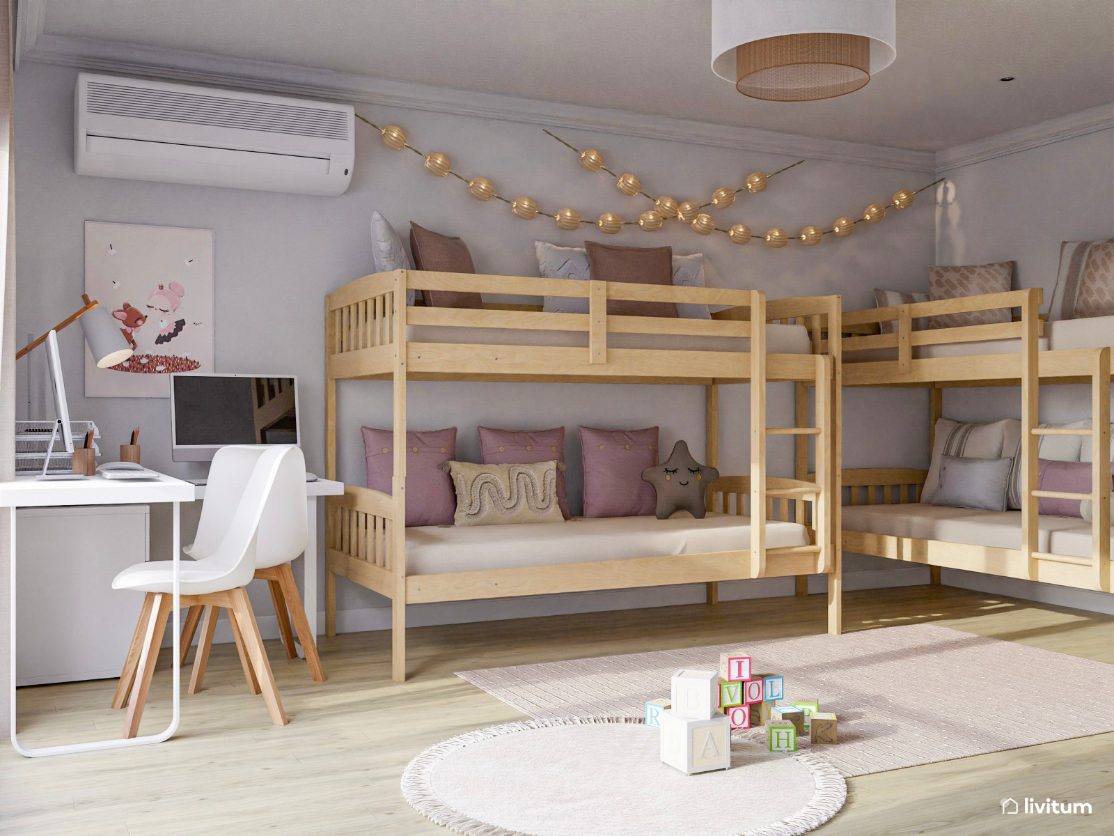 Habitación infantil compartida con literas y luz envolvente
