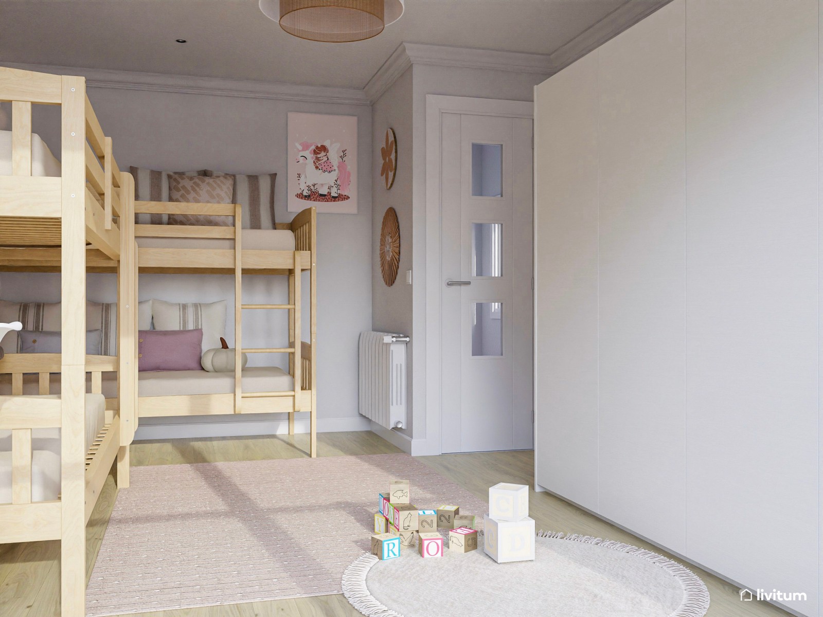 Habitación infantil compartida con literas y luz envolvente