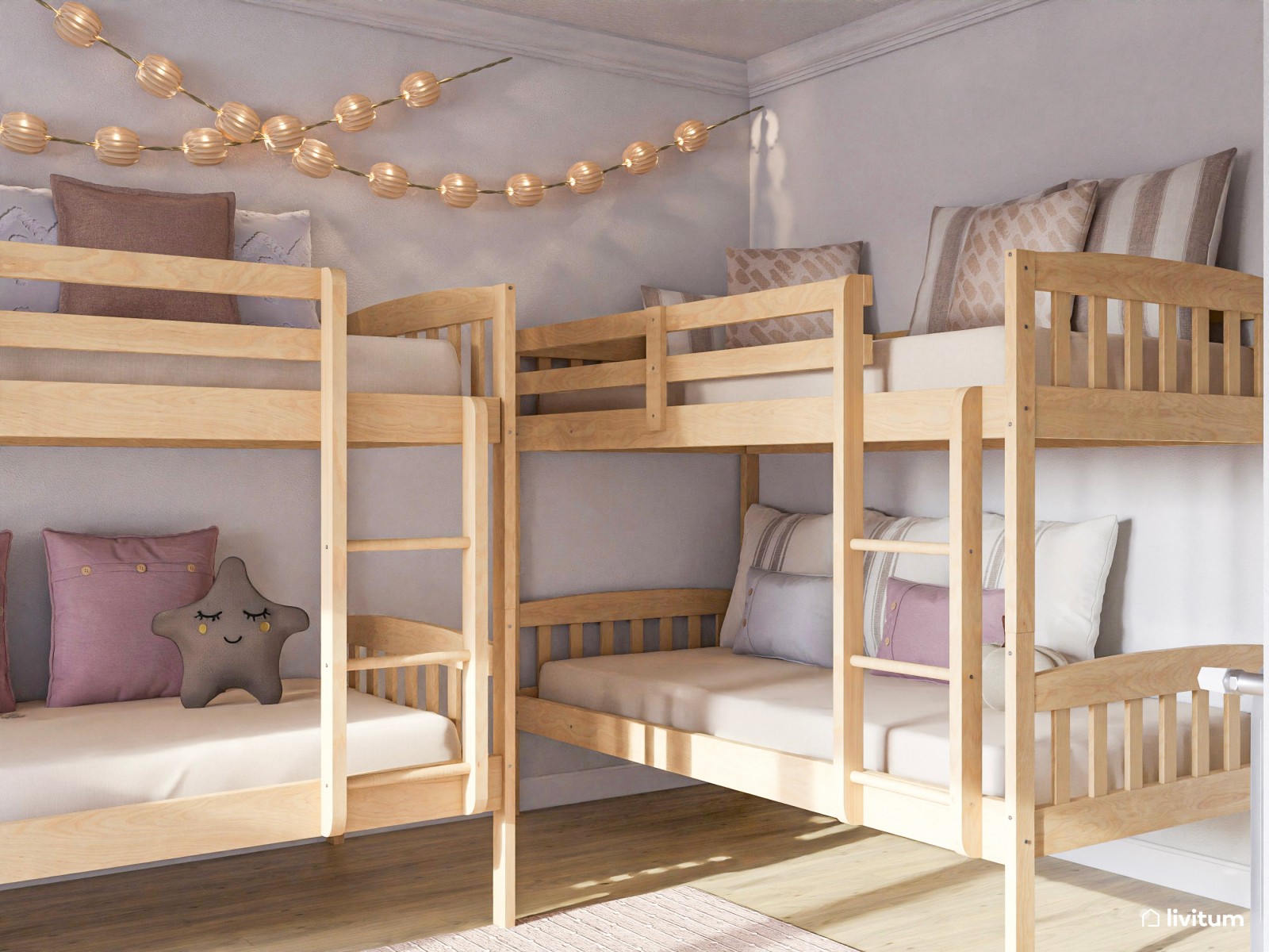 Habitación infantil compartida con literas y luz envolvente