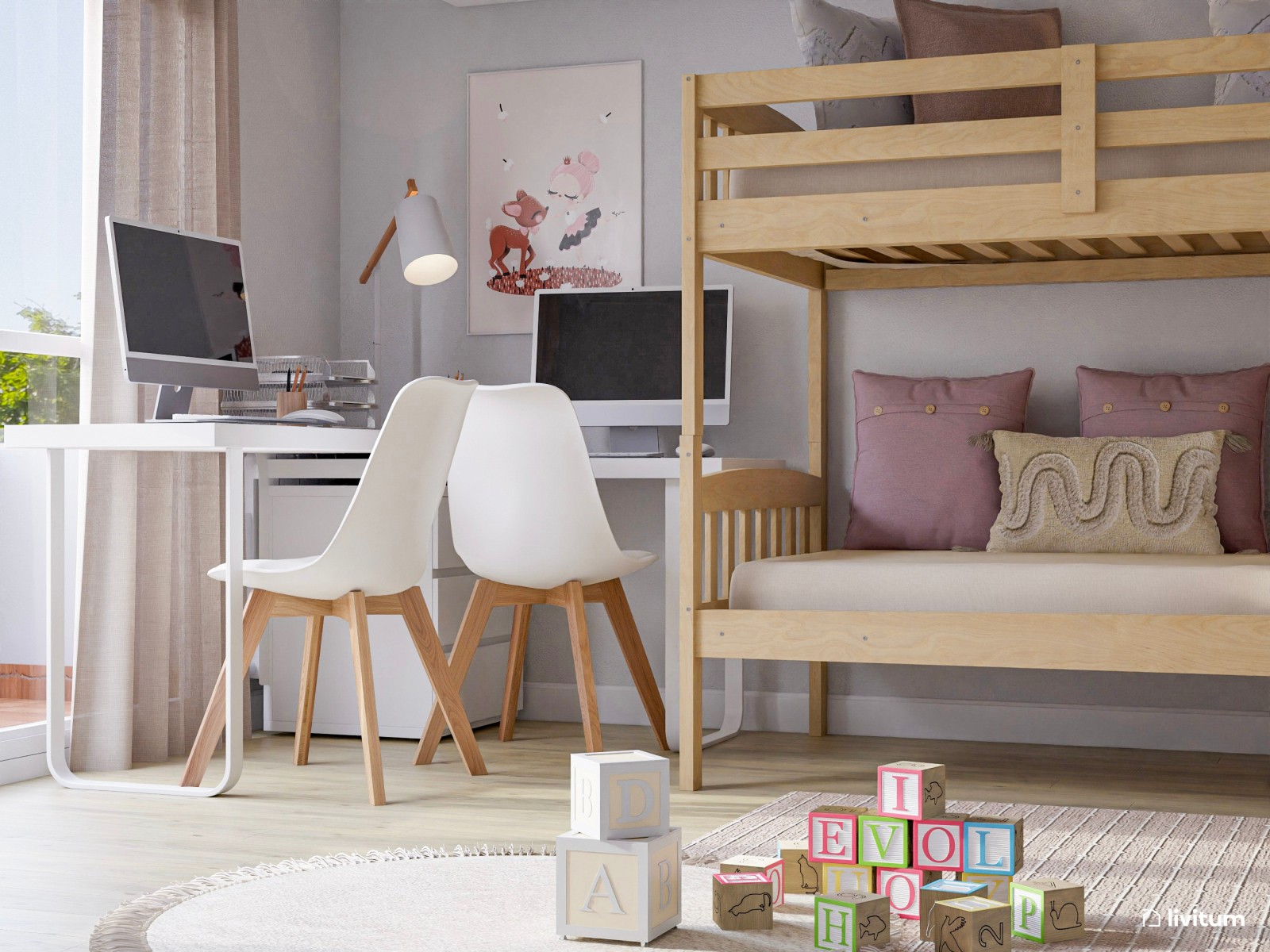 Habitación infantil compartida con literas y luz envolvente