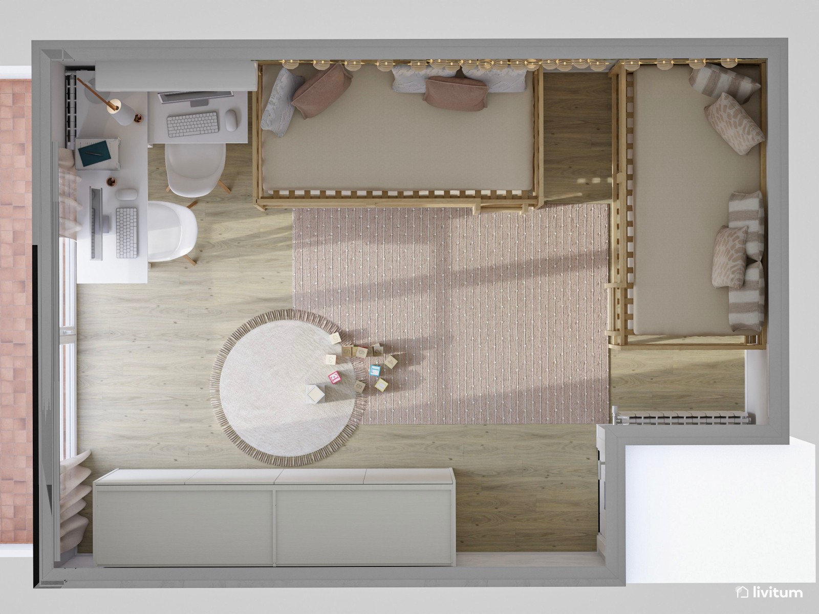 Habitación infantil compartida con literas y luz envolvente