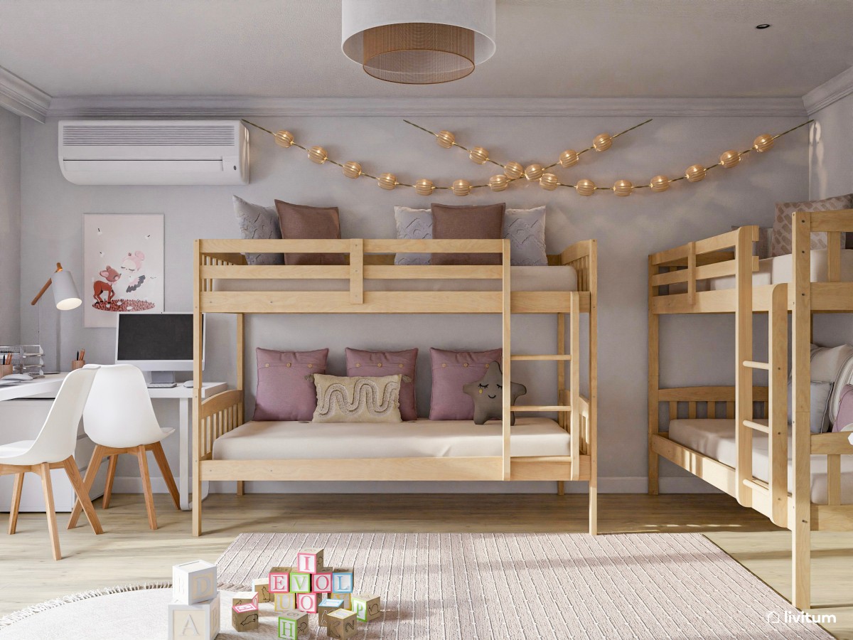 Habitación infantil compartida con literas y luz envolvente