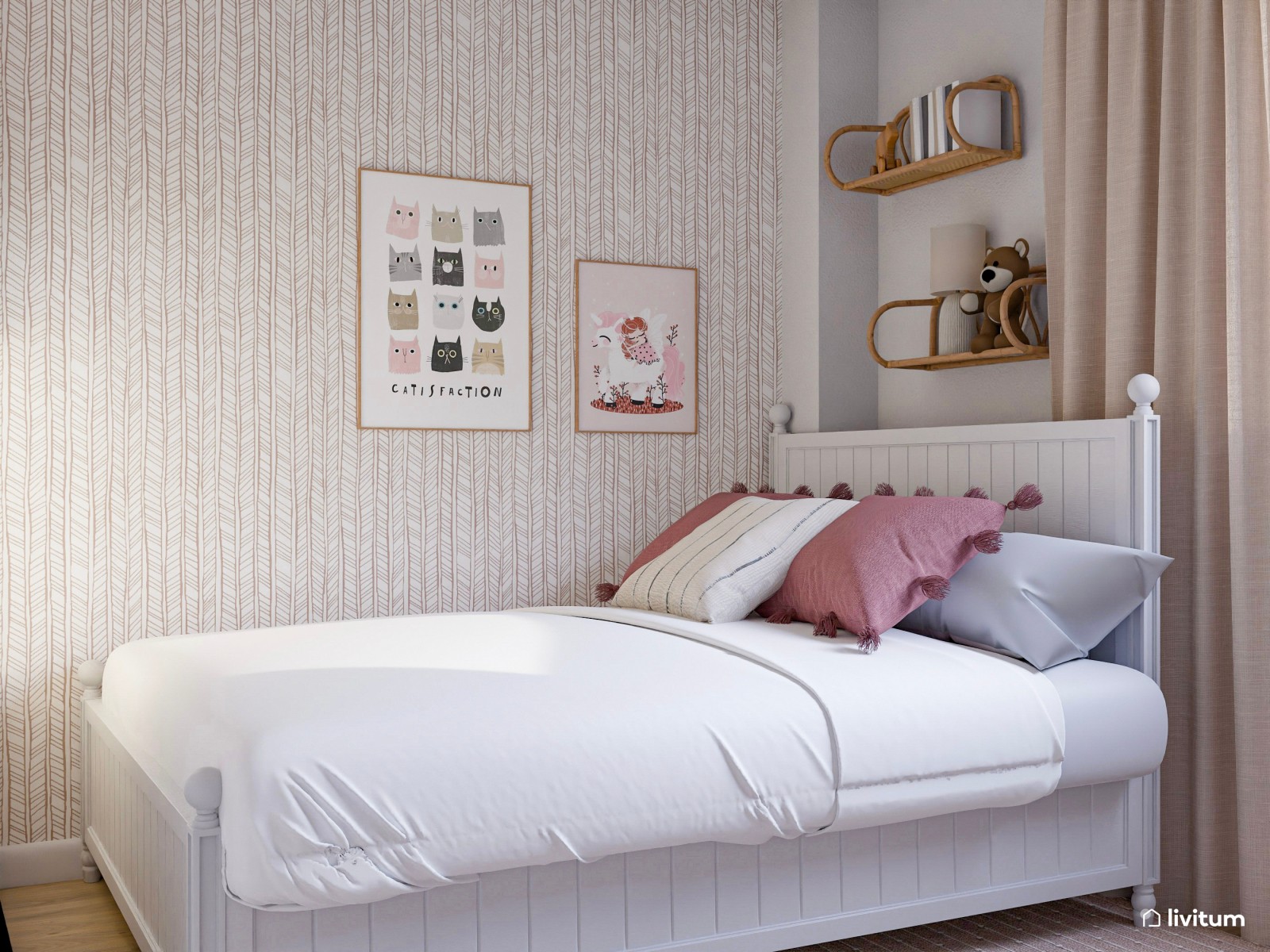 Habitación infantil con agradables texturas y toques de rosa
