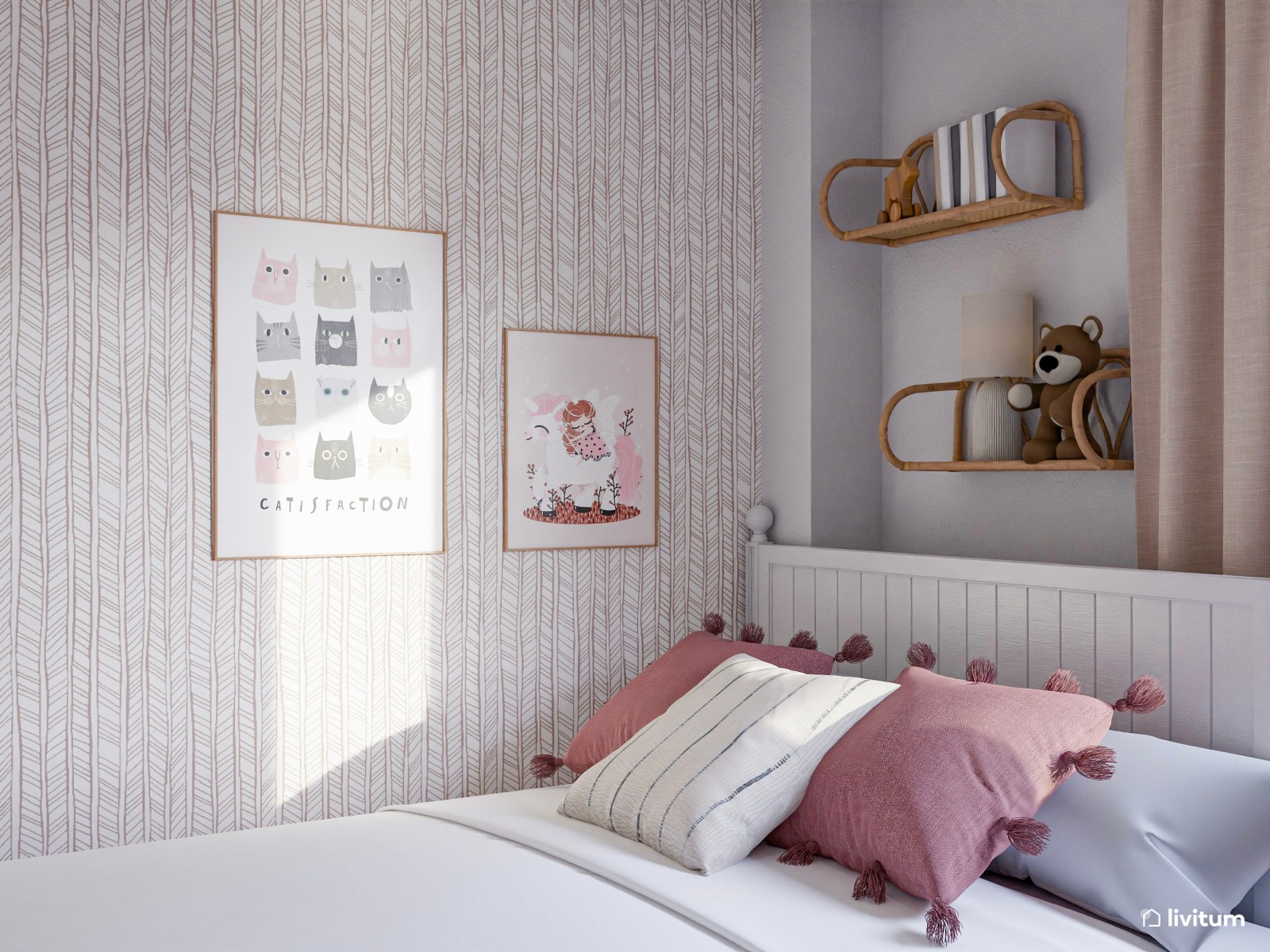 Habitación infantil con agradables texturas y toques de rosa