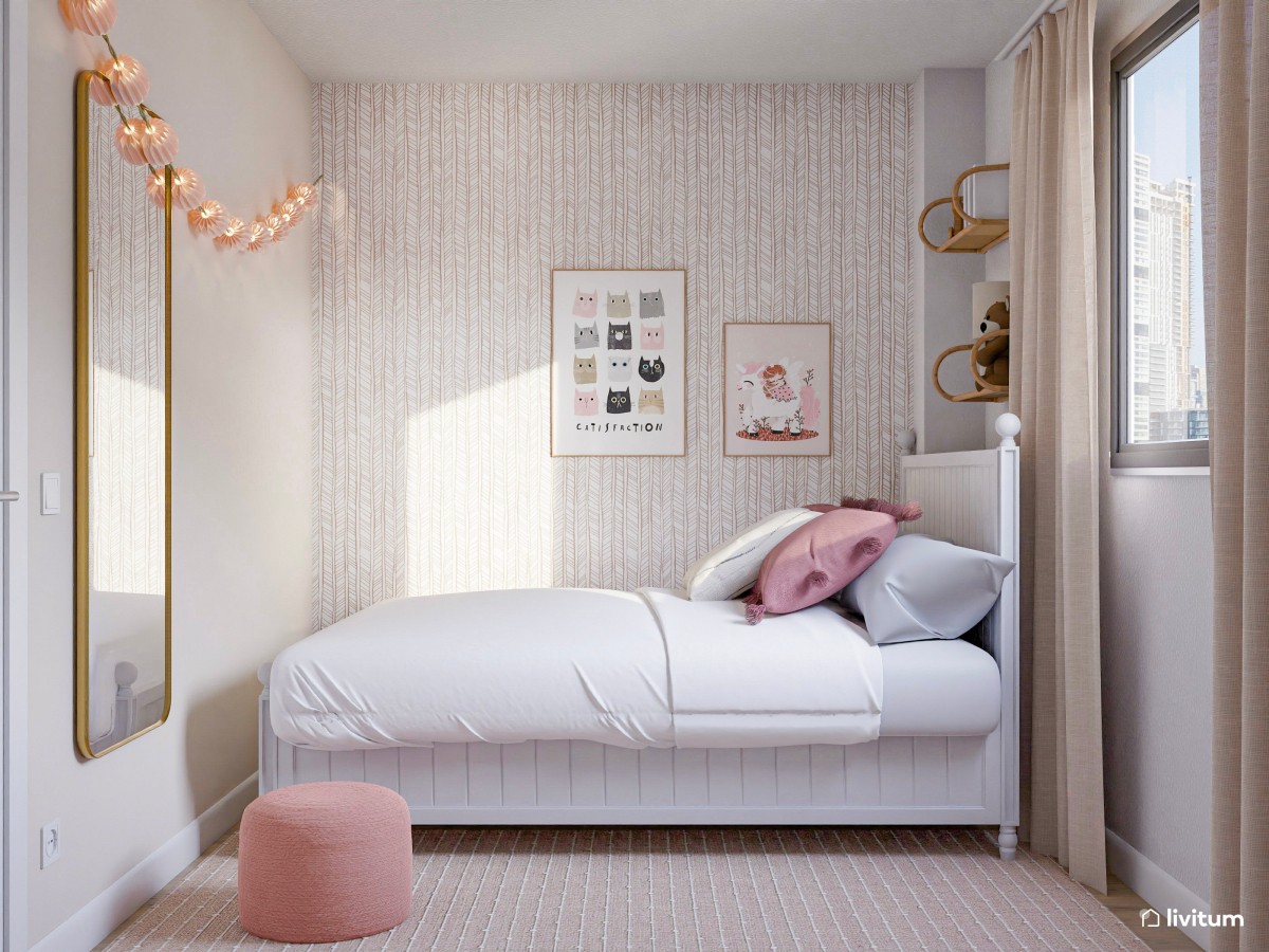 Habitación infantil con agradables texturas y toques de rosa