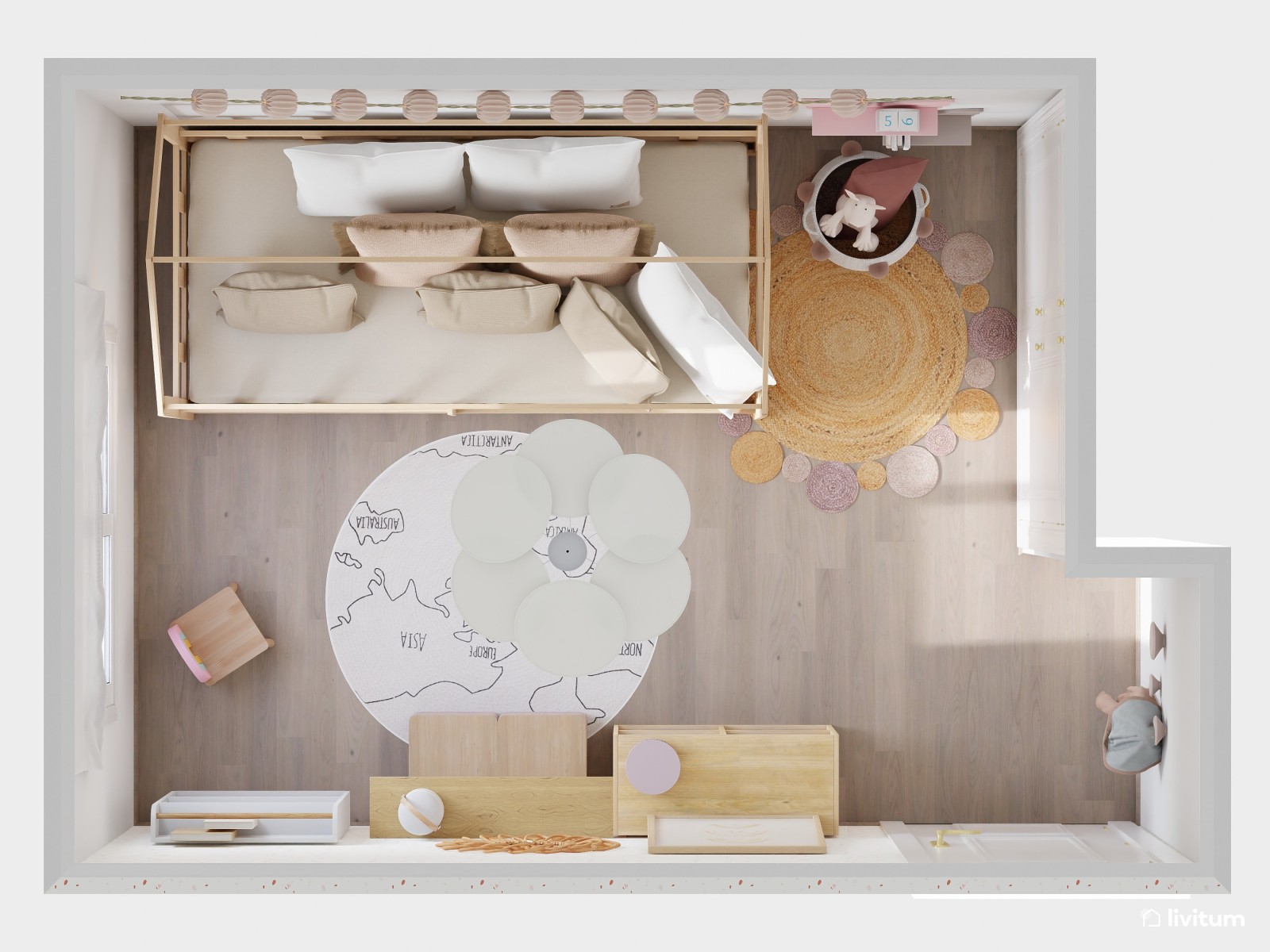 Habitación infantil con cama casita de madera 