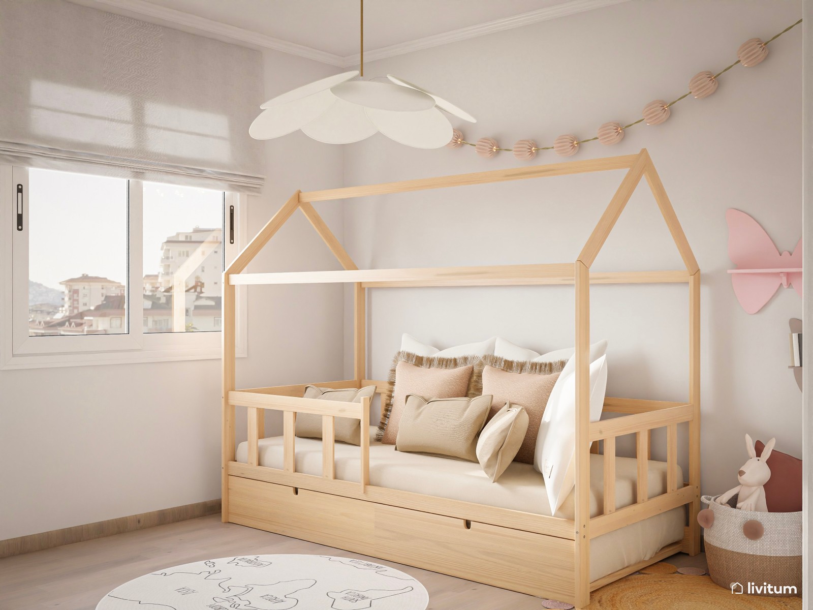 Habitación infantil con cama casita de madera 