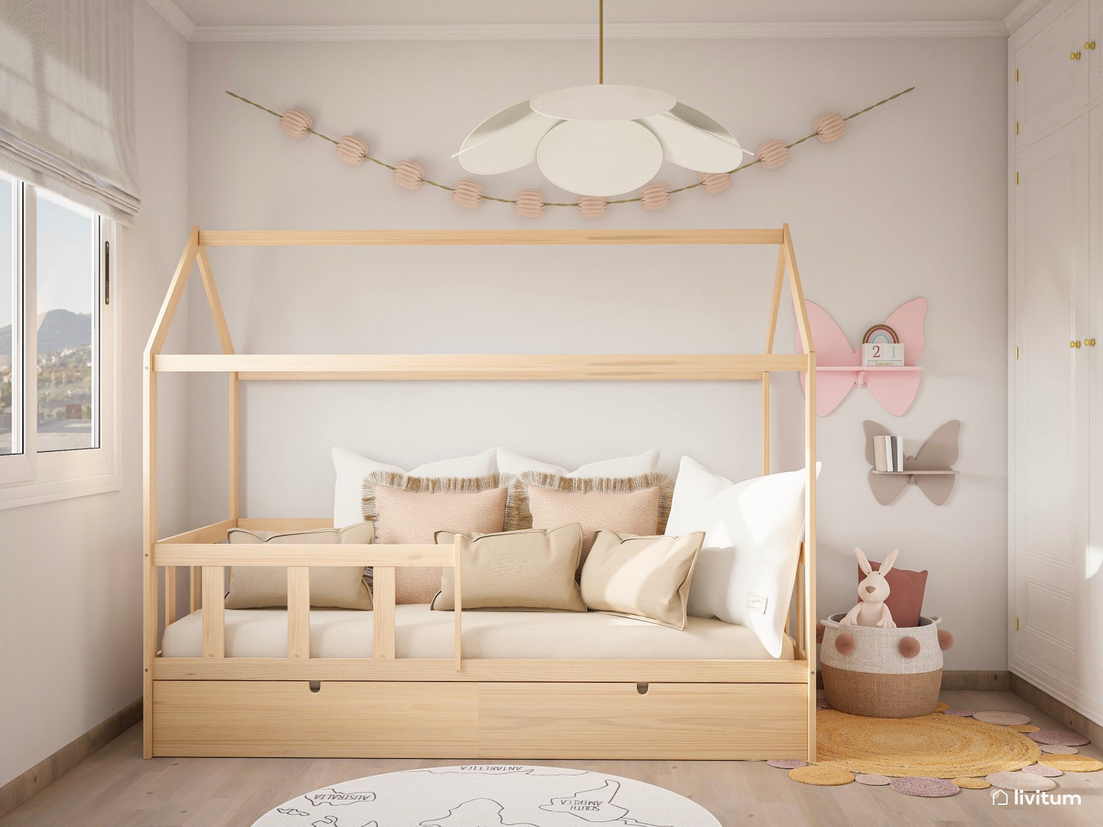Habitación infantil con cama casita de madera 