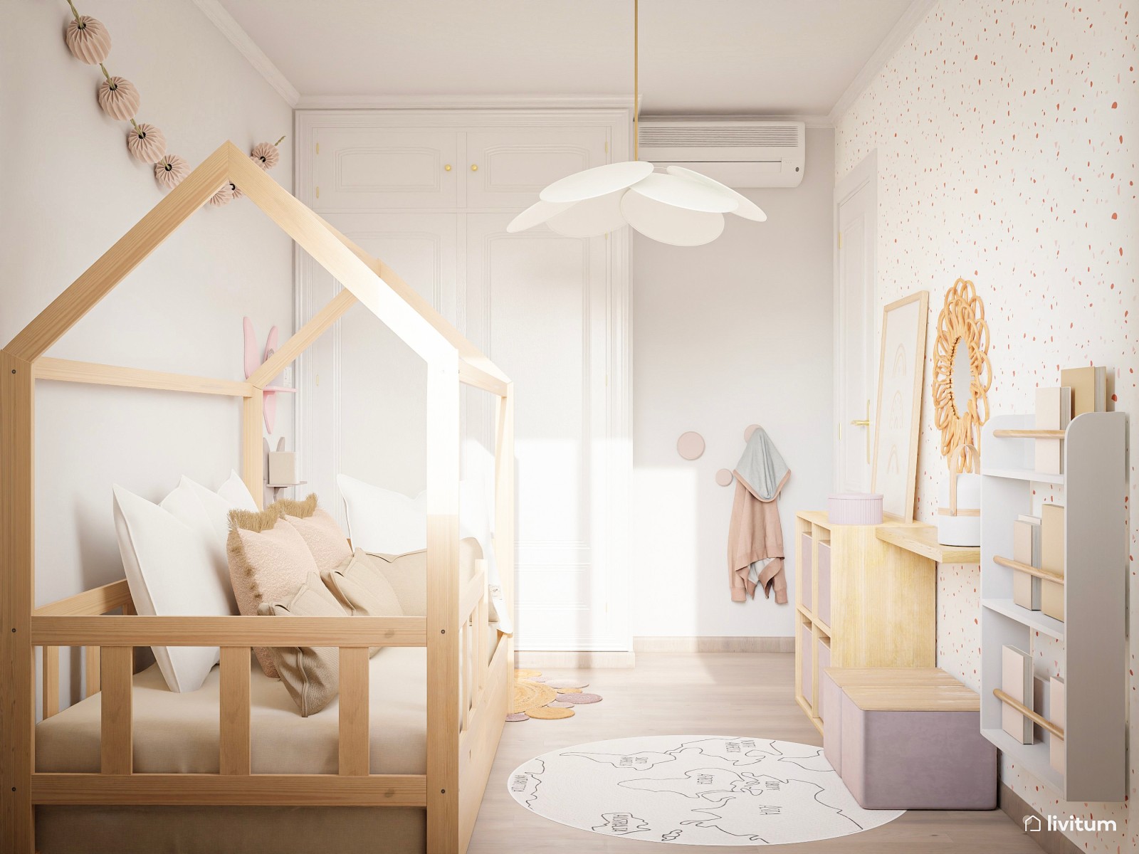 Habitación infantil con cama casita de madera 