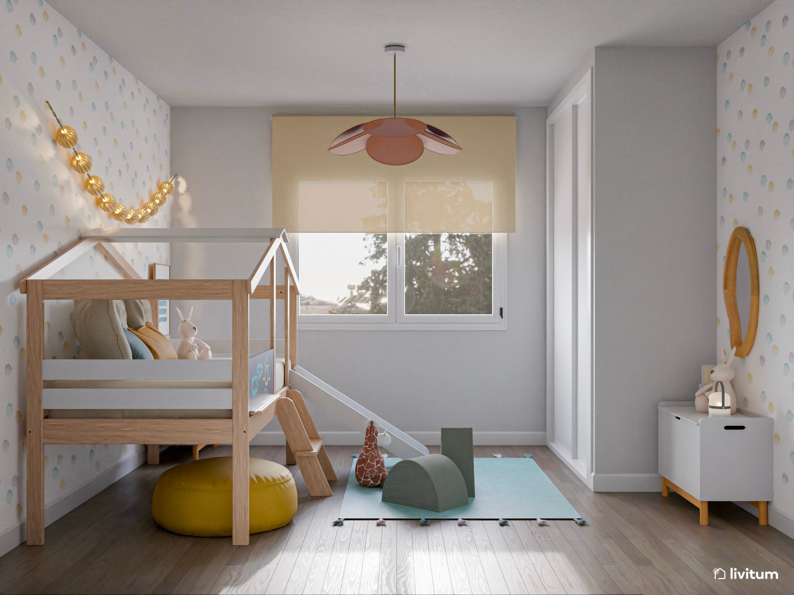 Habitación infantil con cama casita, tobogán y zona de juego