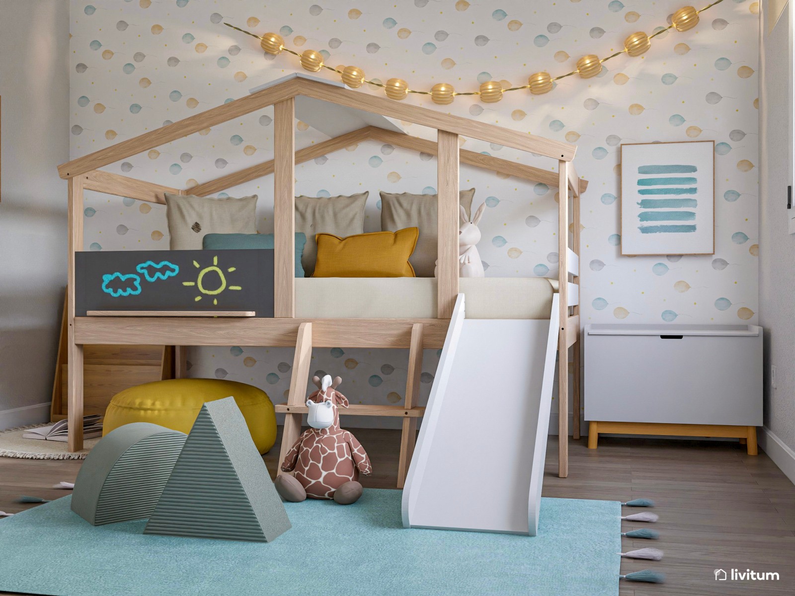 Habitación infantil con cama casita, tobogán y zona de juego