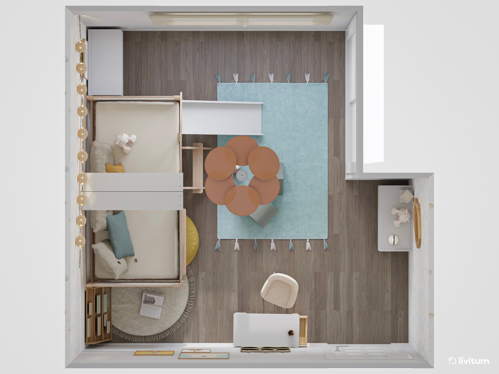 Habitación infantil con cama casita, tobogán y zona de juego