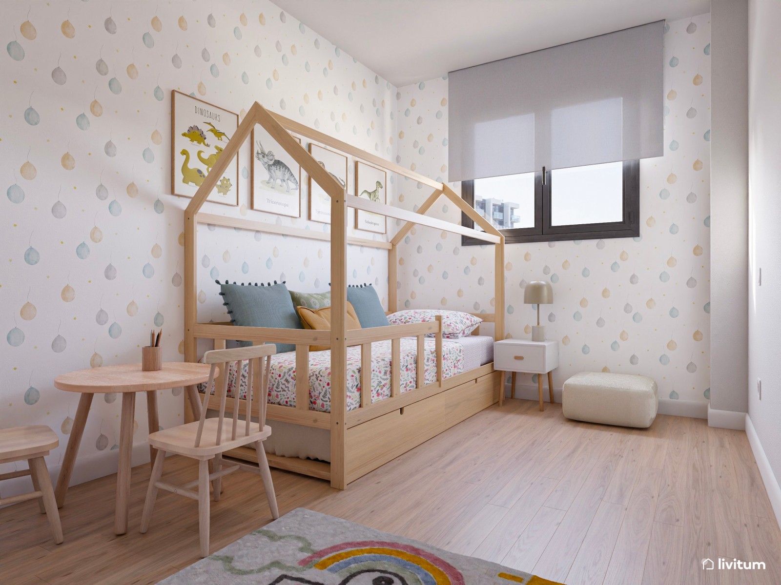 Habitación infantil con cama nido de madera en forma de casita